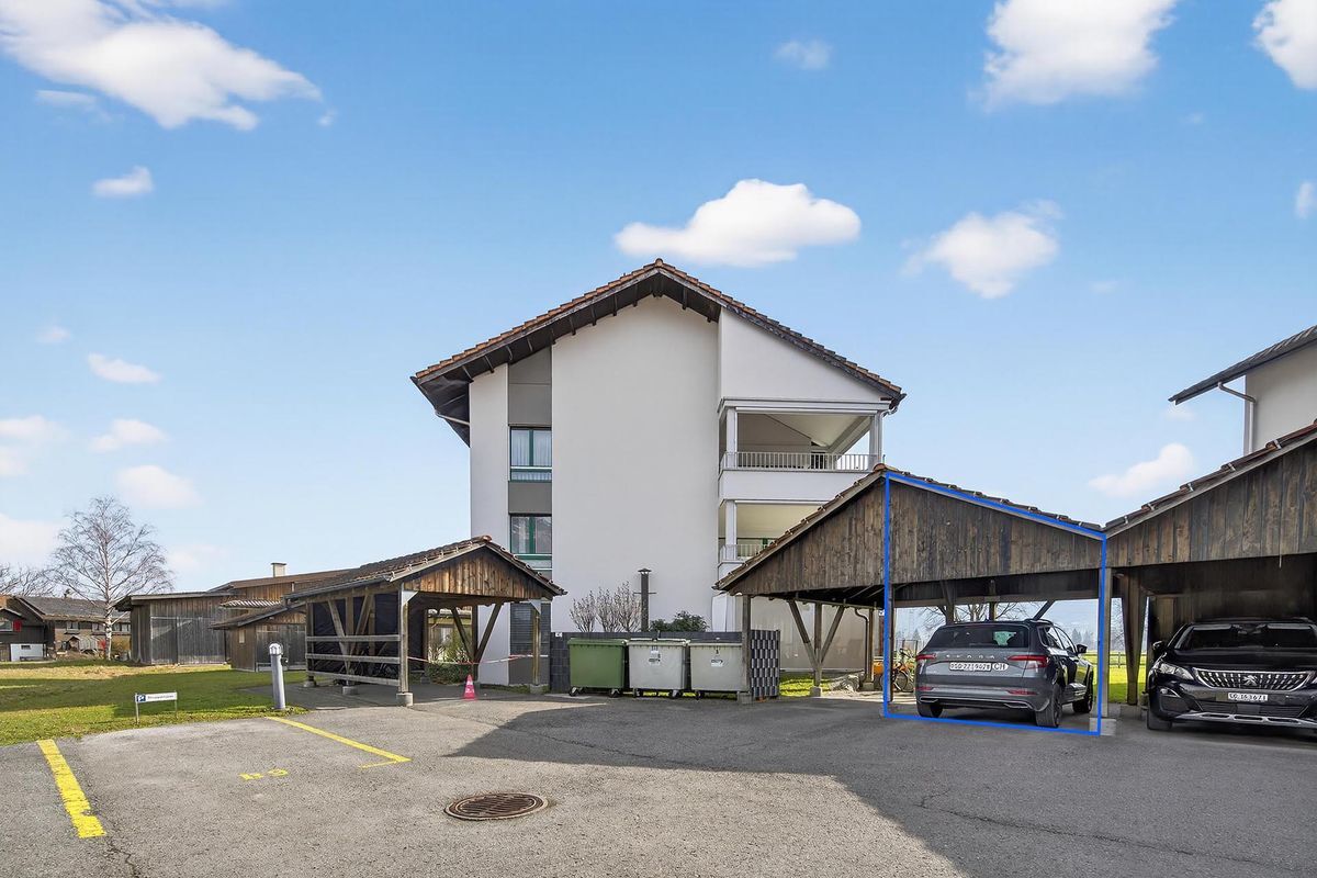 Aussenansicht des Gebäudes mit Carport und Parkmöglichkeiten.
