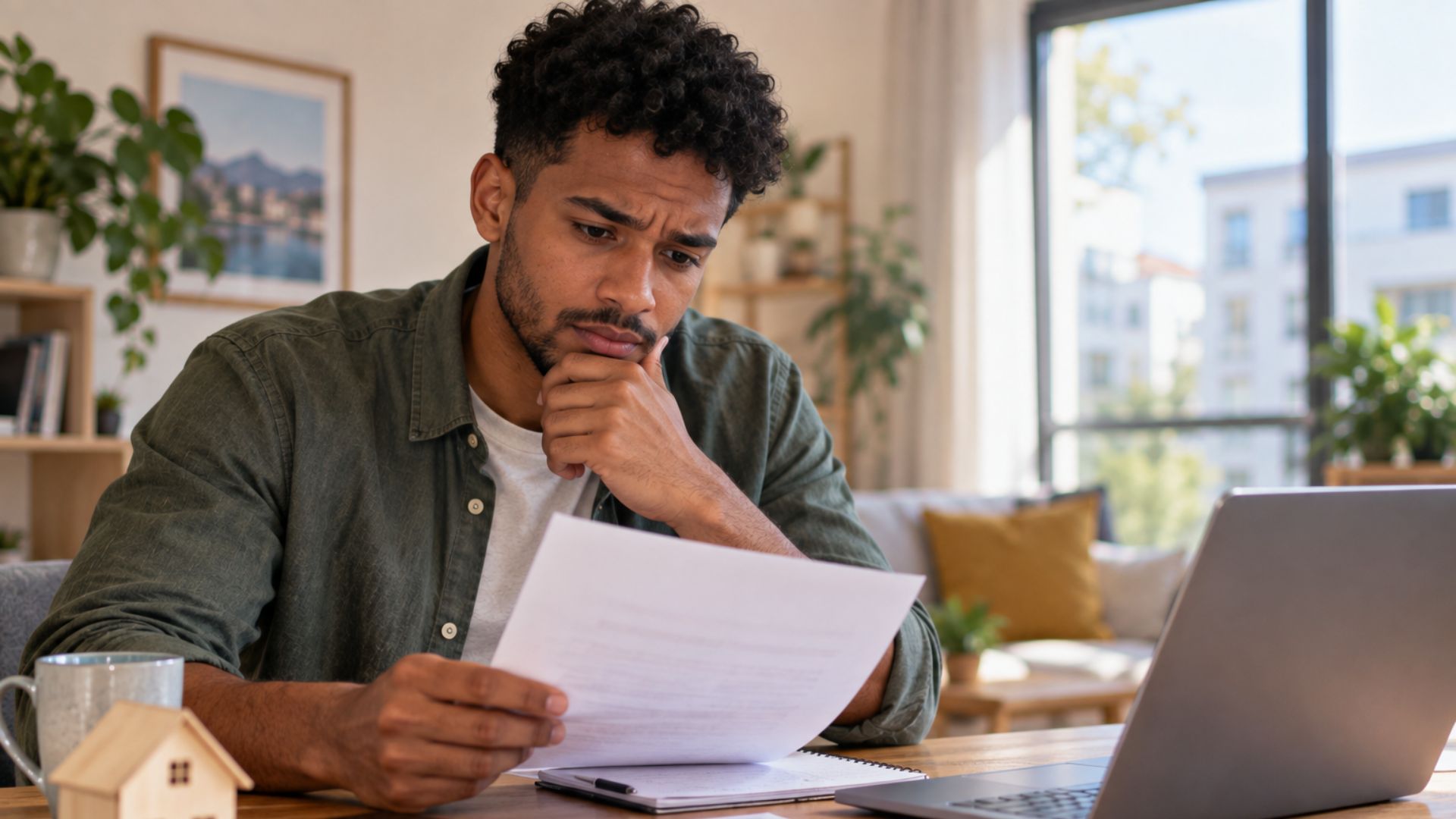 Homme examinant attentivement des documents liés à la location d’un logement devant son ordinateur.