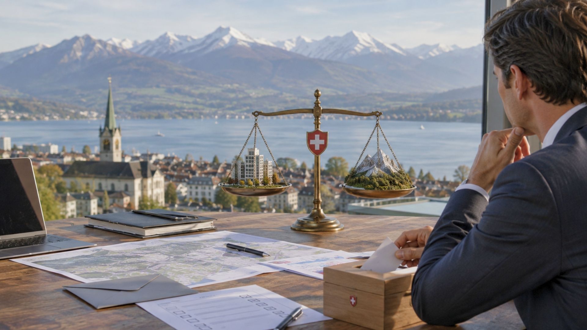 Professionnel de l’immobilier analysant l’impact de l’initiative sur la neutralité sur le marché immobilier suisse.