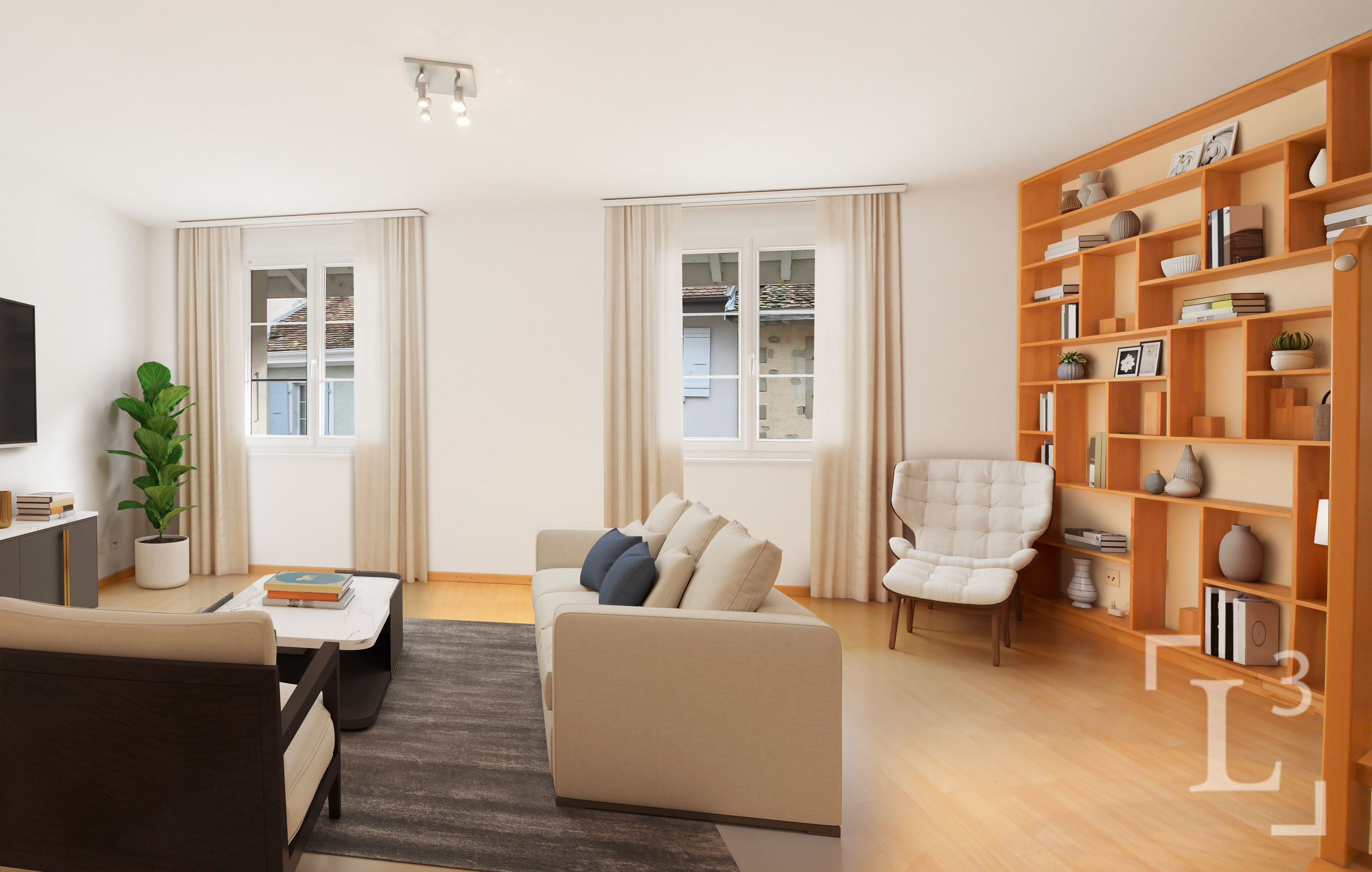 Living room with library or study area