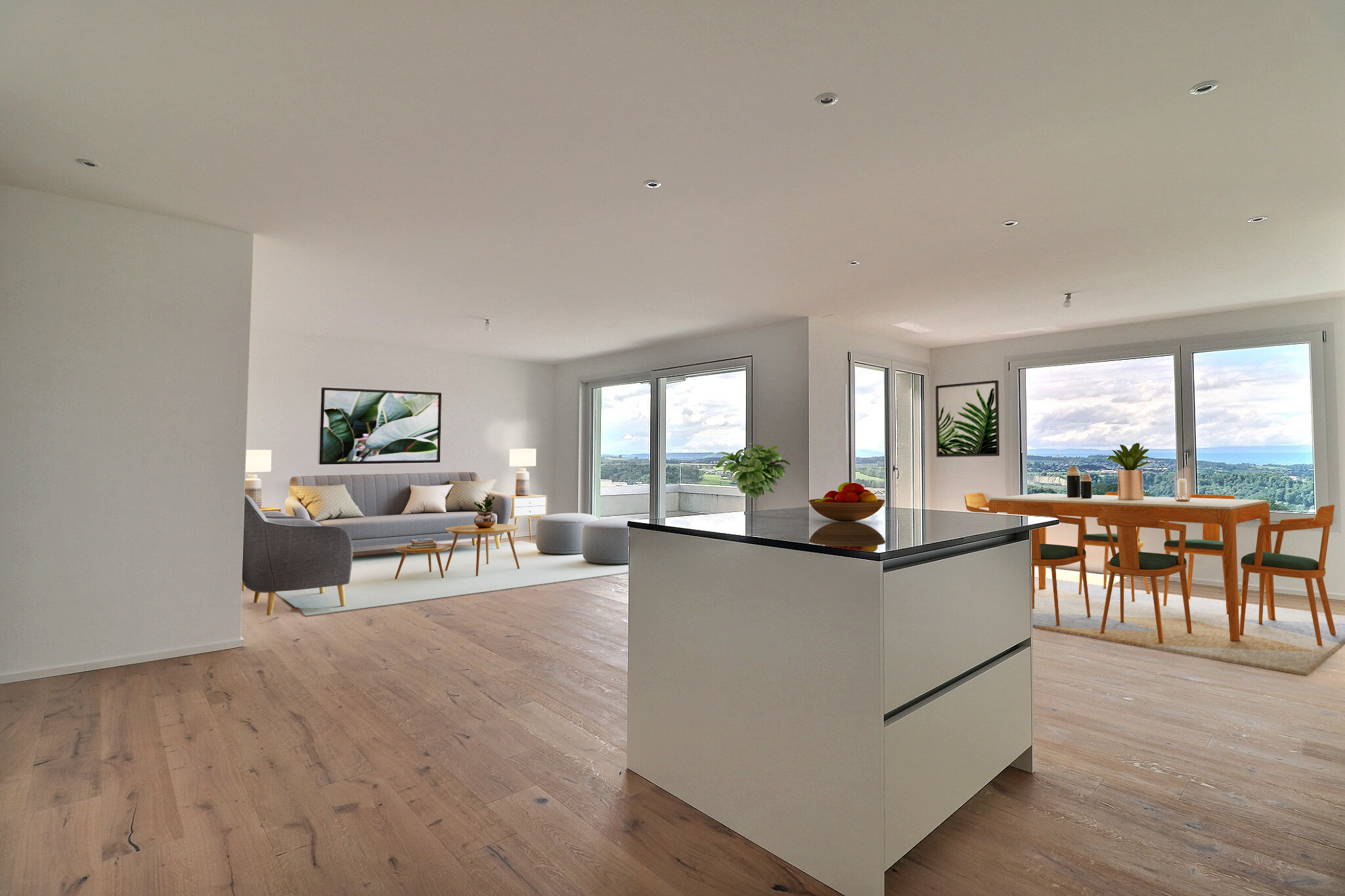 Simulation d'ameublement du grand séjour avec coin à manger