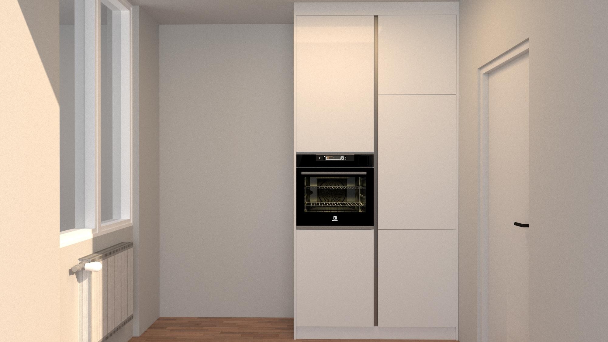 a modern kitchen with white cabinets and a door to another room a modern kitchen with white cabinets and a door to another room