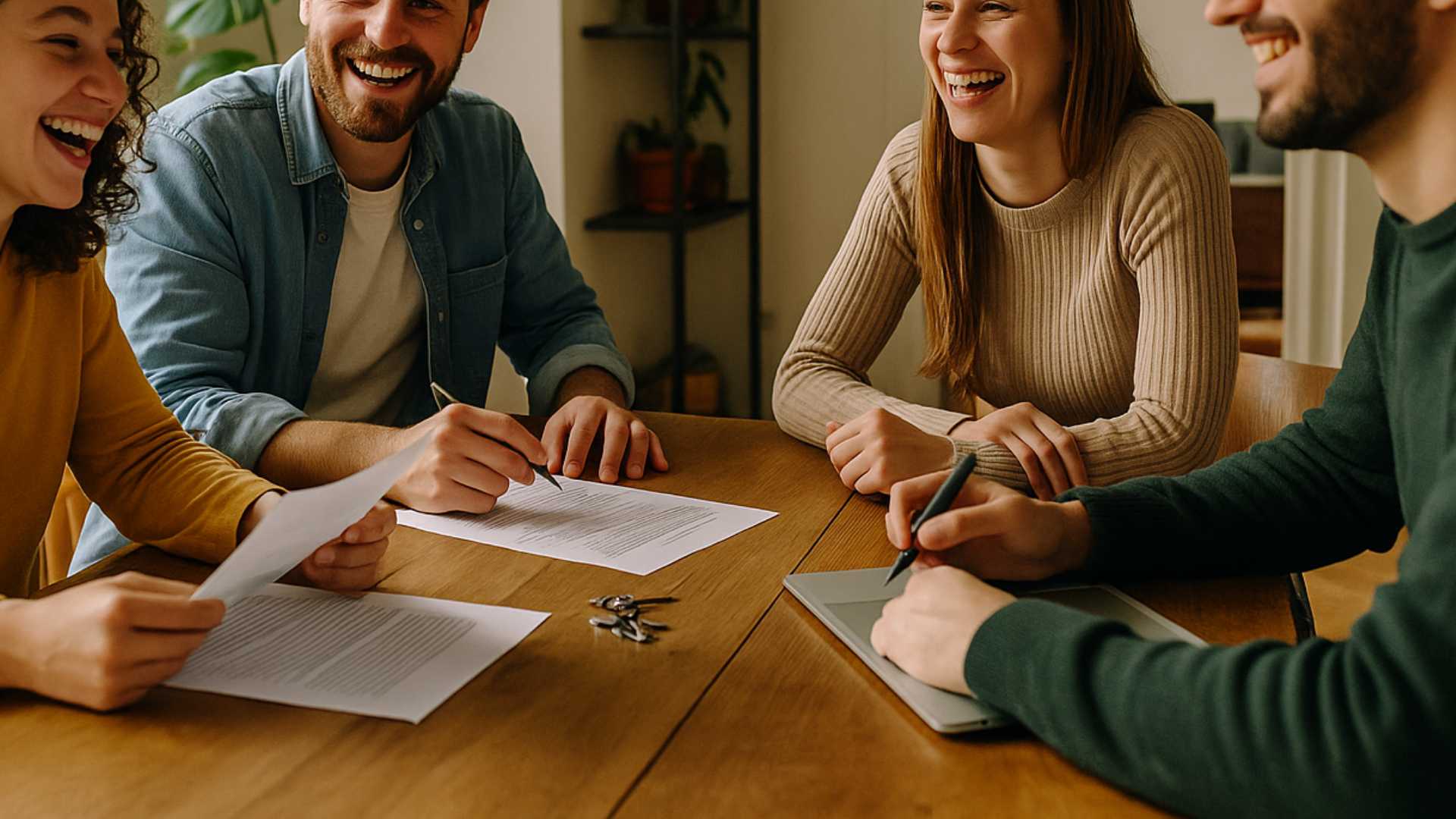 Sublocatari e locatario principale che scambiano documenti in un’atmosfera rilassata e conviviale.