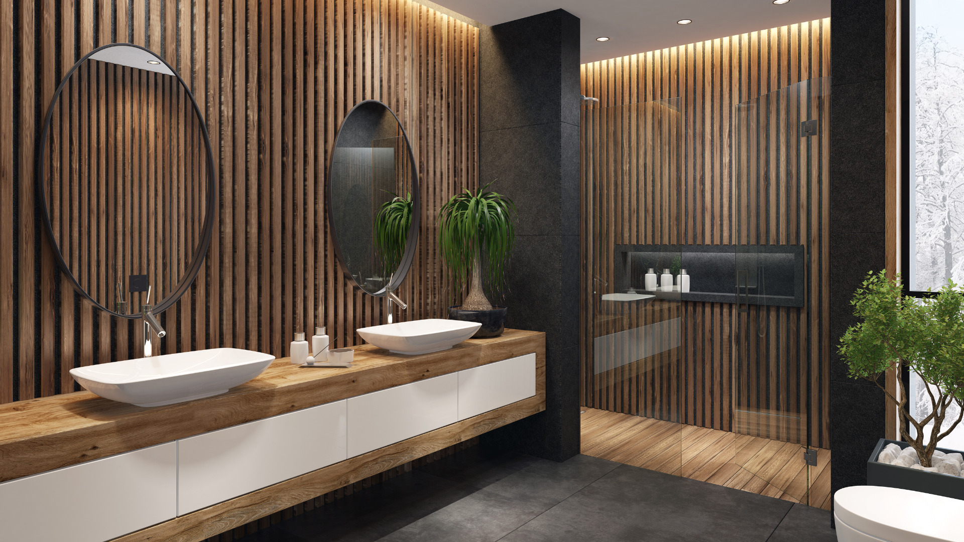 a modern bathroom with wooden walls and a double sink a modern bathroom with wooden walls and a double sink