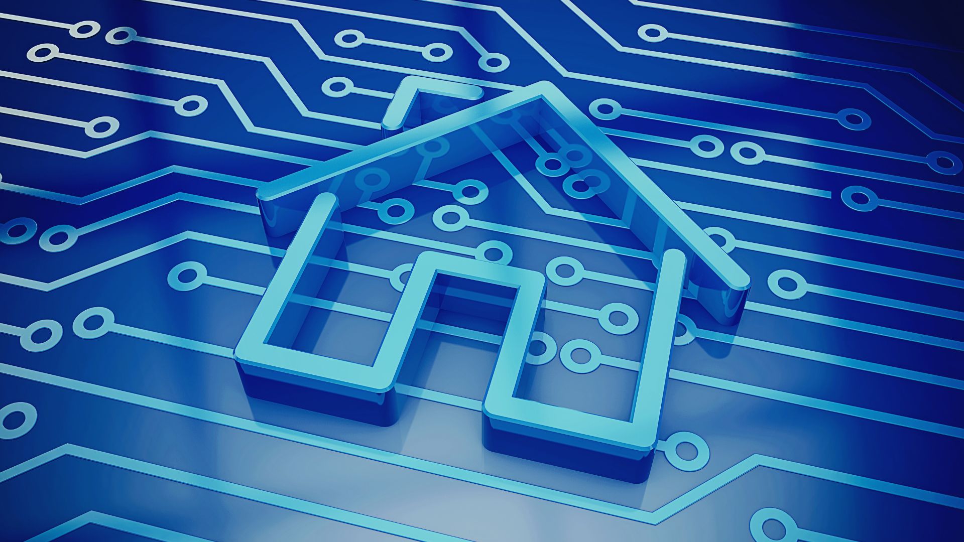 Illustration of real estate digitalization featuring connected houses on a digital circuit board, symbolizing PropTech and innovative technologies.