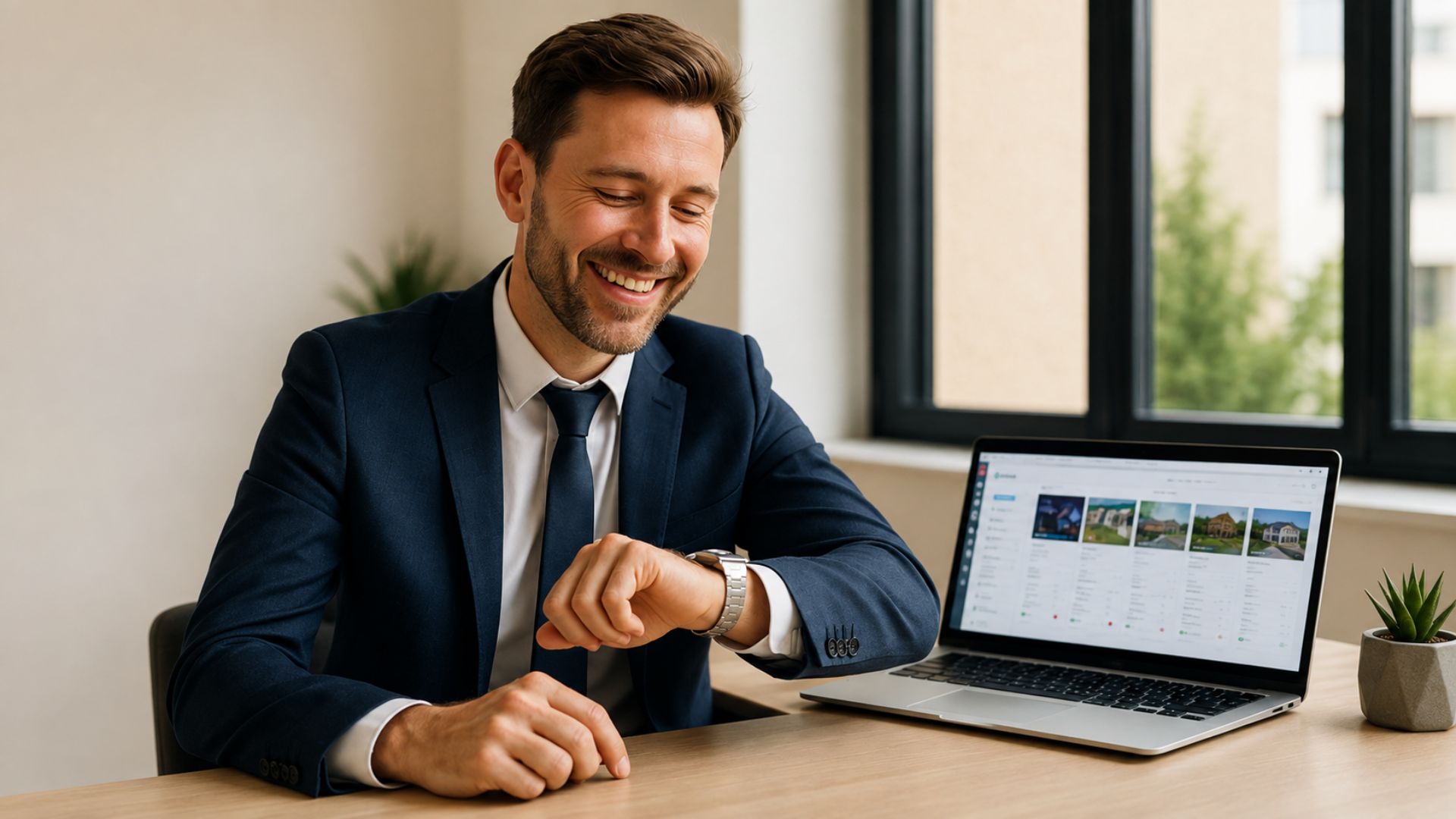 Real estate professional checking his watch at his computer, illustrating time savings through Immomig® automation and AI.