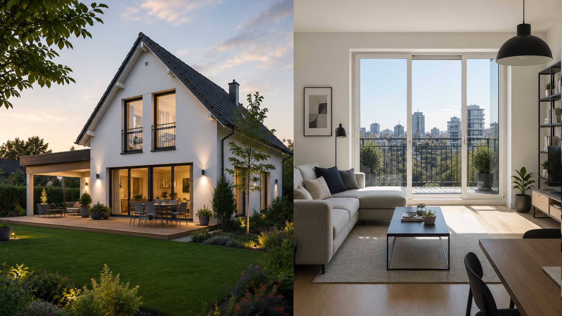 Comparaison entre une maison individuelle avec jardin et un appartement moderne vu de l'intérieur, illustrant le choix entre les deux types de logement.