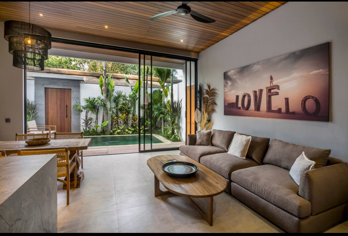 Vue piscine depuis living