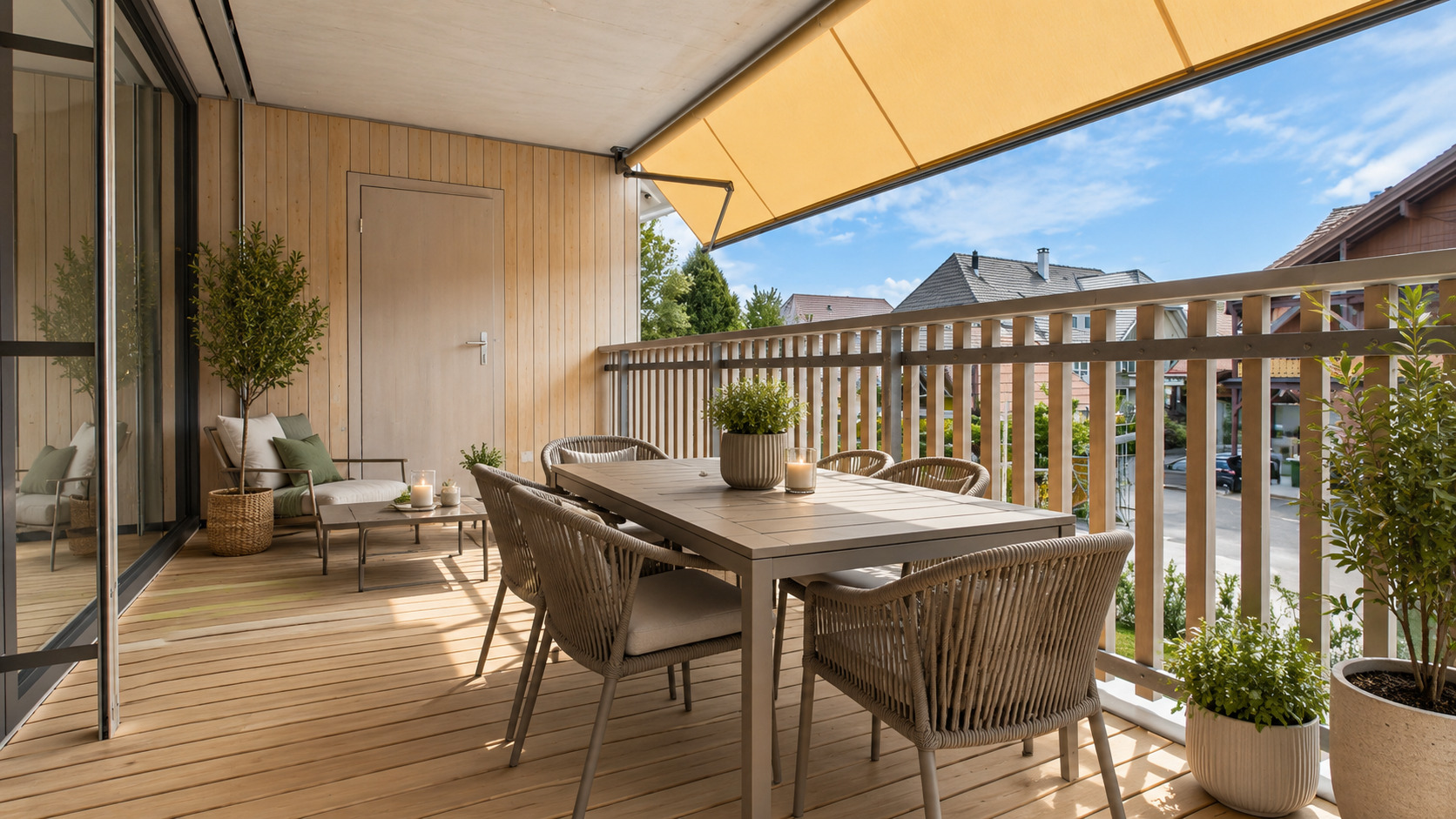 Möblierungsbeispiel gedeckter Balkon mit Reduit Möblierungsbeispiel gedeckter Balkon mit Reduit