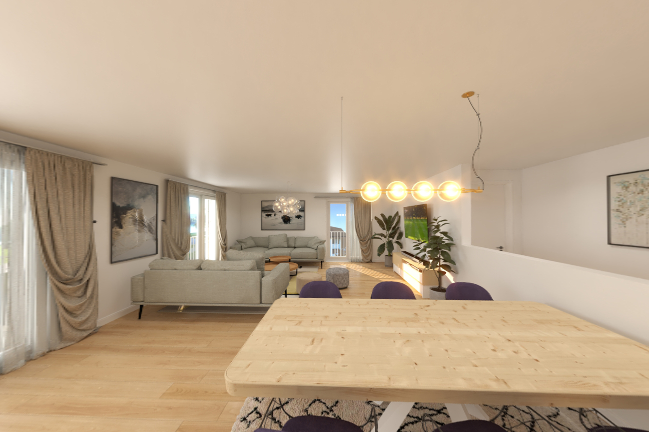 Lichtdurchflutetes Wohnzimmer dank bodentiefen Fenstern.