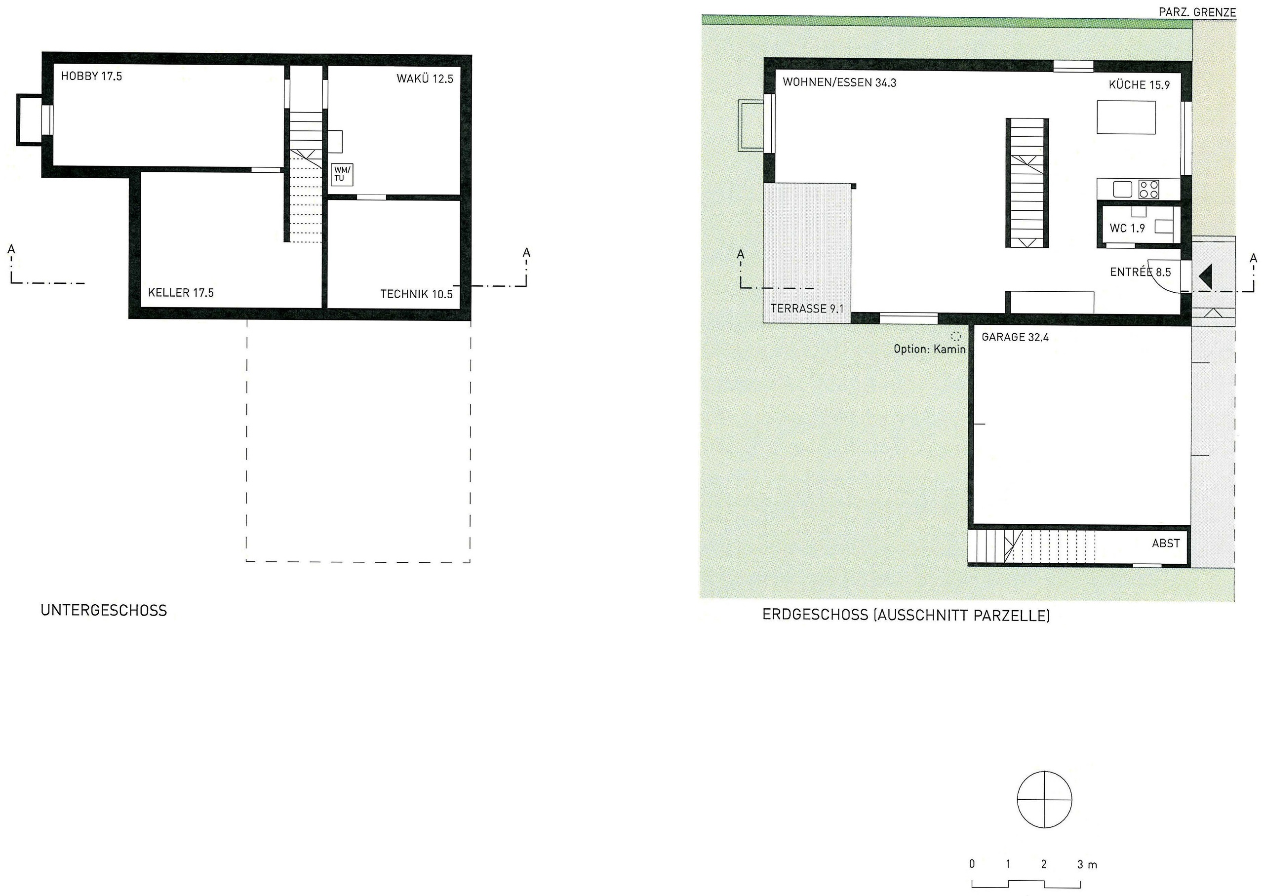 Grundrisse Unter- und Erdgeschoss mit Parzellenplan Grundrisse Unter- und Erdgeschoss mit Parzellenplan