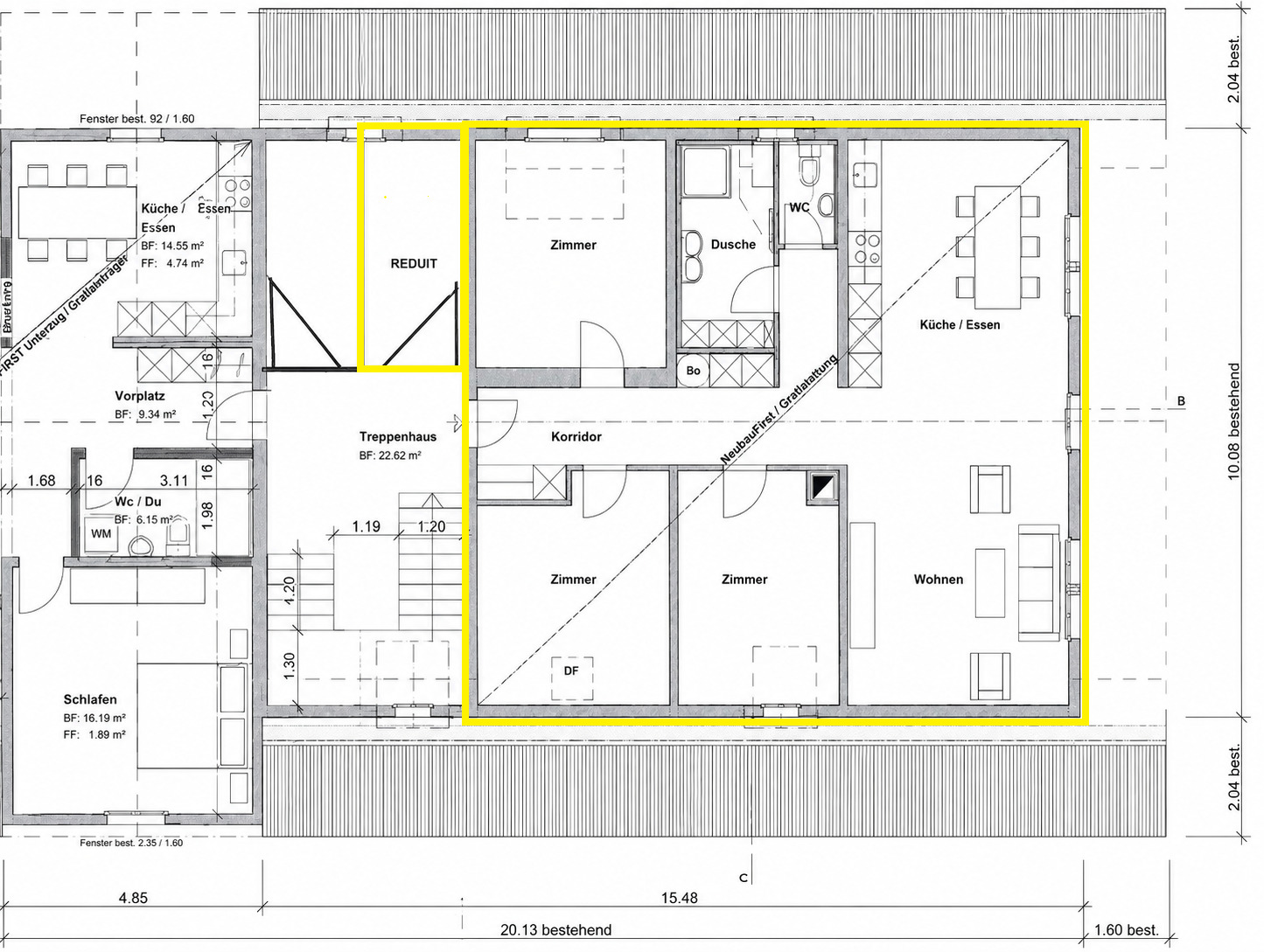 Grundriss Dachgeschoss, Reduit direkt vor der Wohnung Grundriss Dachgeschoss, Reduit direkt vor der Wohnung
