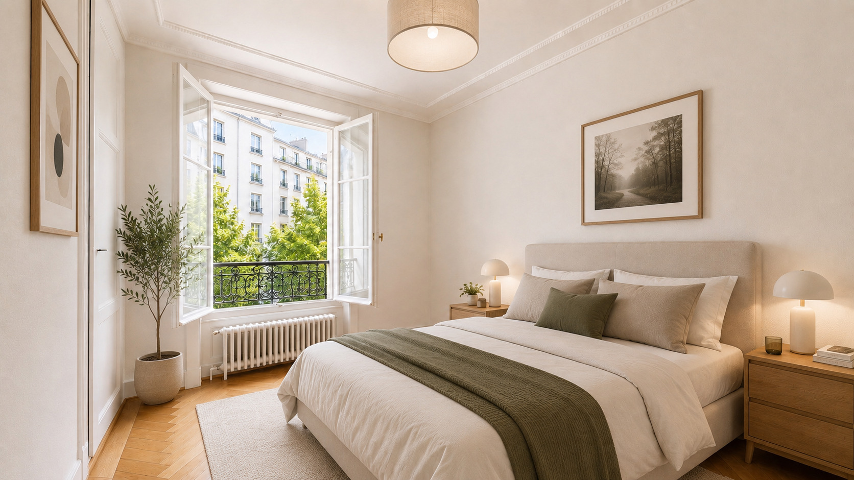 a white bedroom with a large window and a small balcony a white bedroom with a large window and a small balcony