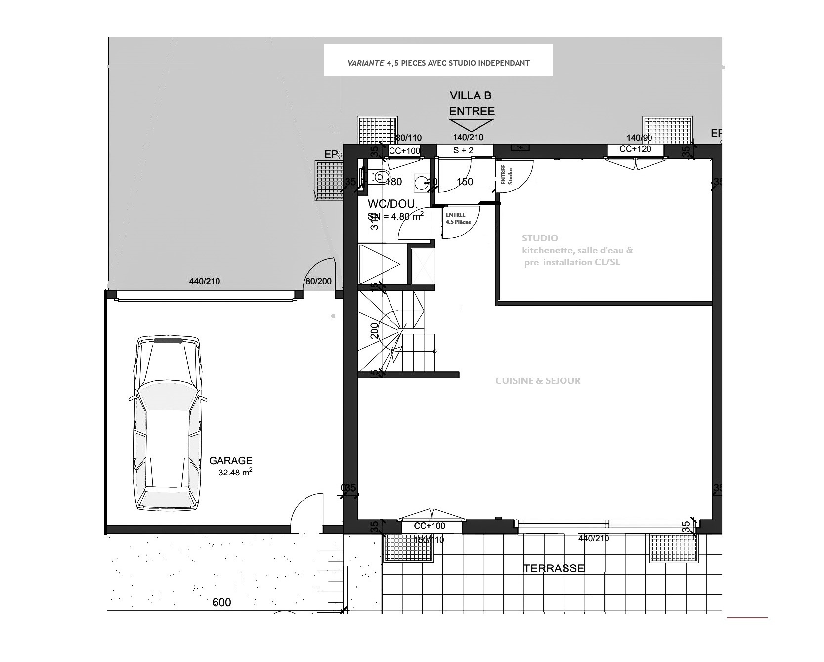 Variante II : 4,5 pcs + 1 studio indépendant