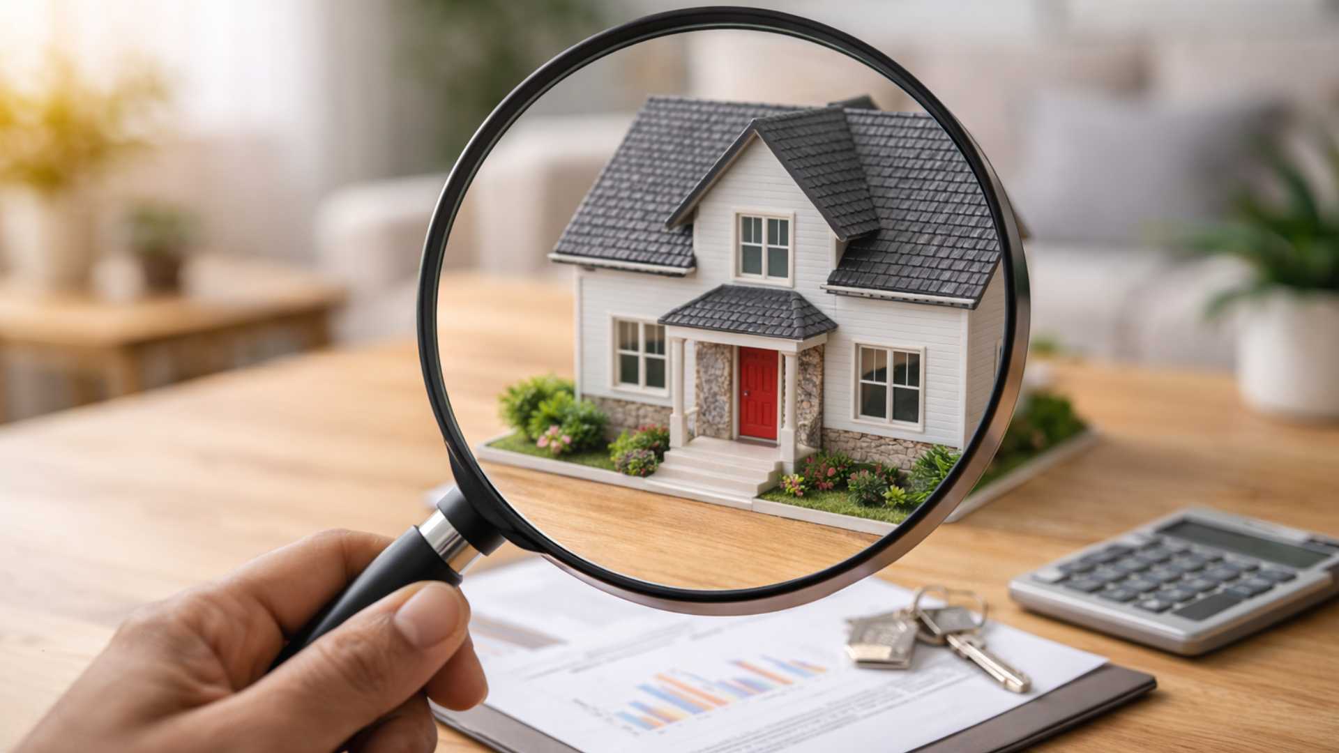 Loupe agrandissant une maquette de maison posée sur une table avec documents immobiliers, clés et calculatrice.
