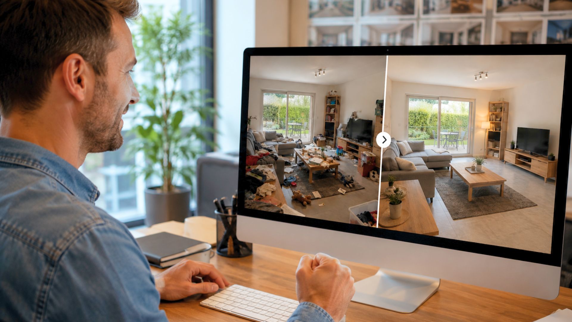 Agent immobilier utilisant l'intelligence artificielle pour améliorer et désencombrer une photo de bien immobilier avant sa publication.