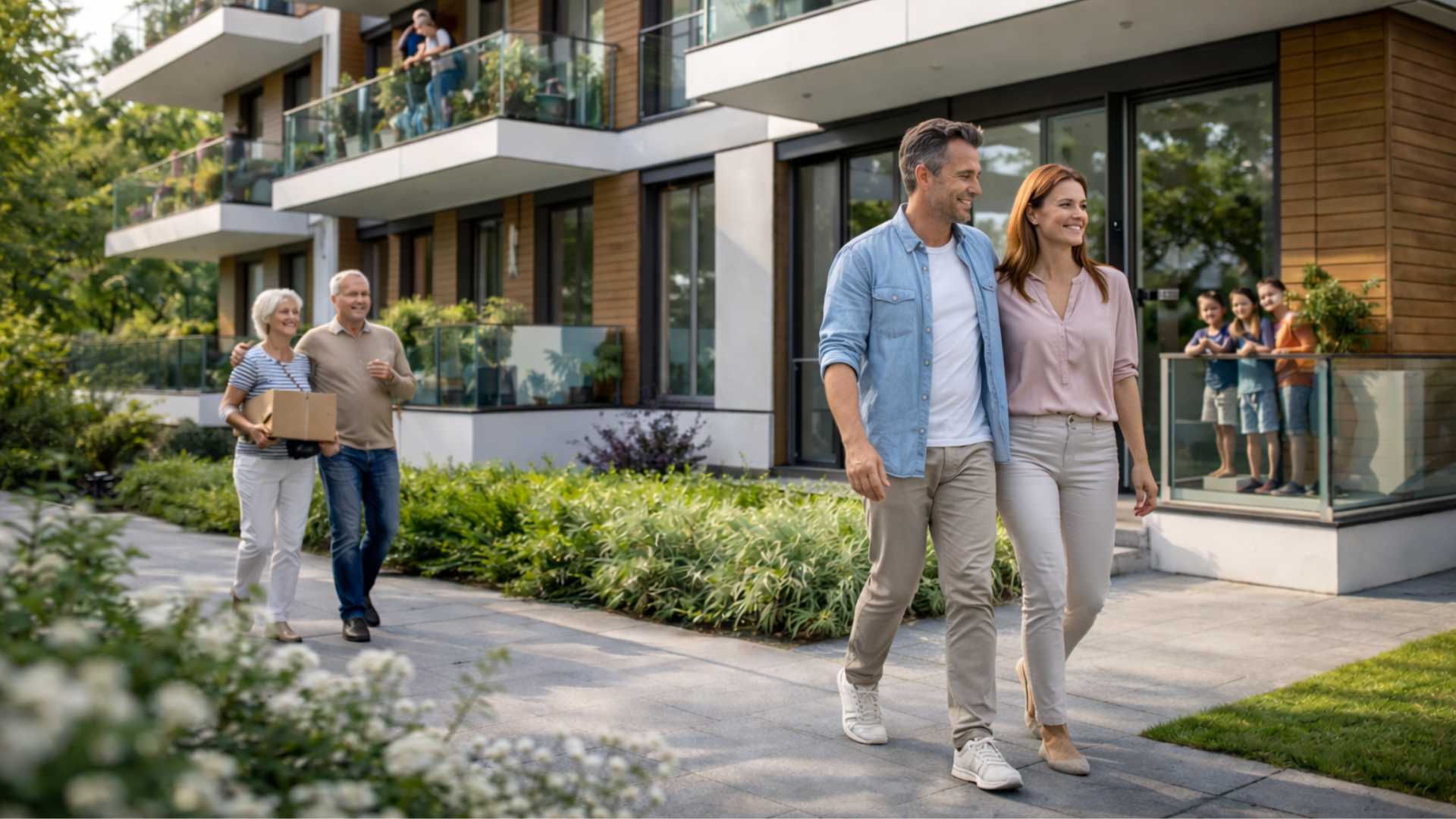 Couple walking in front of a modern apartment building during a property purchase in Switzerland.