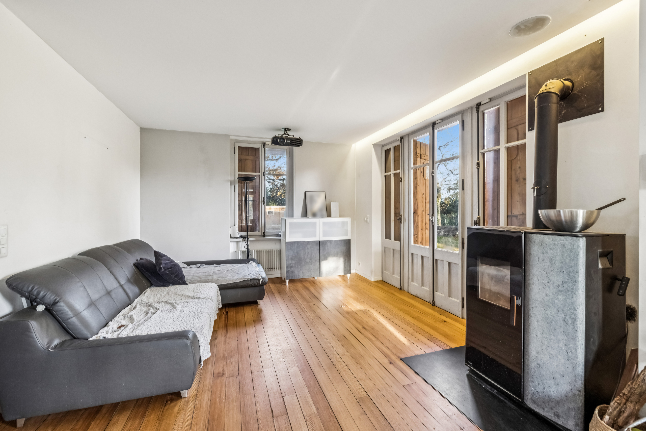 Salon avec poêle et espace cinéma