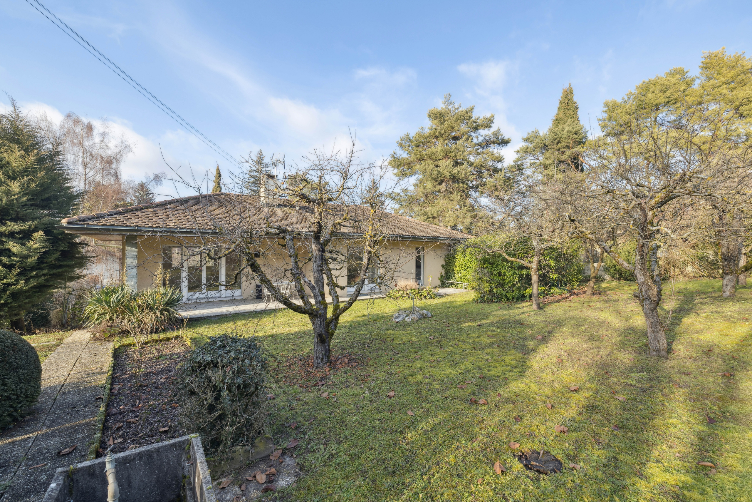 Le beau jardin paysagé avec ses terrasses et ses fruitiers Le beau jardin paysagé avec ses terrasses et ses fruitiers
