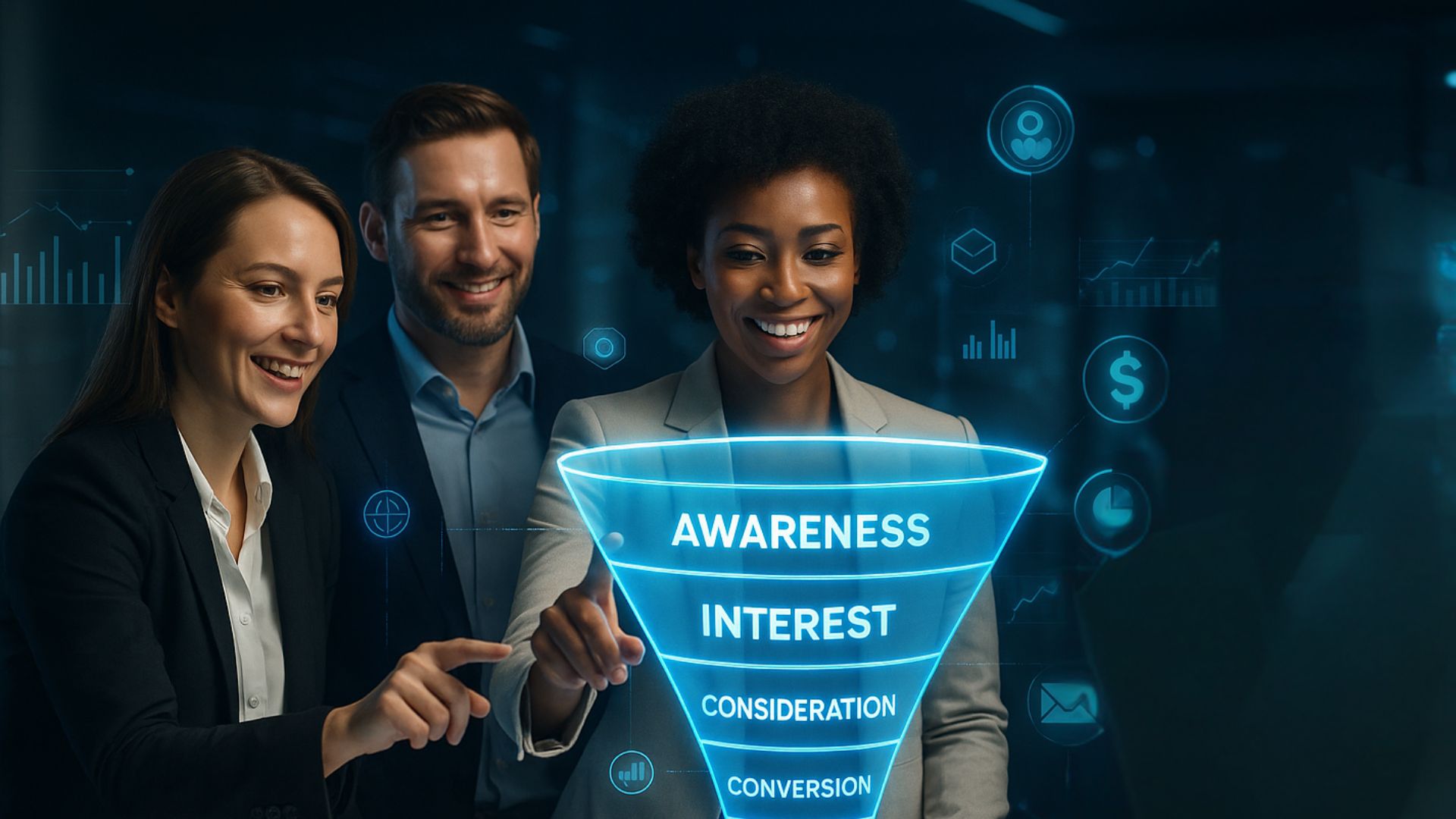 Immobilienprofis analysieren einen digitalen Marketing-Funnel zur Verfolgung von Interessenten und Optimierung der Conversion mit Immomig®.