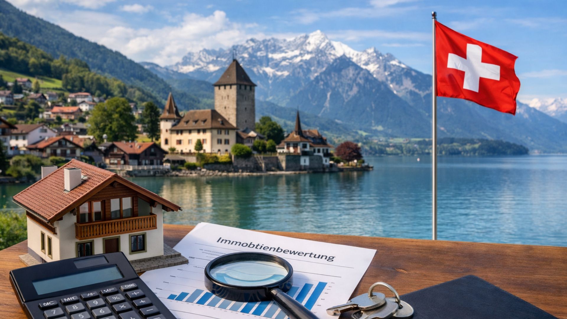 Miniature illustrant l’évaluation immobilière en Suisse avec un modèle de chalet, des documents, une calculatrice et un paysage alpin en arrière-plan.