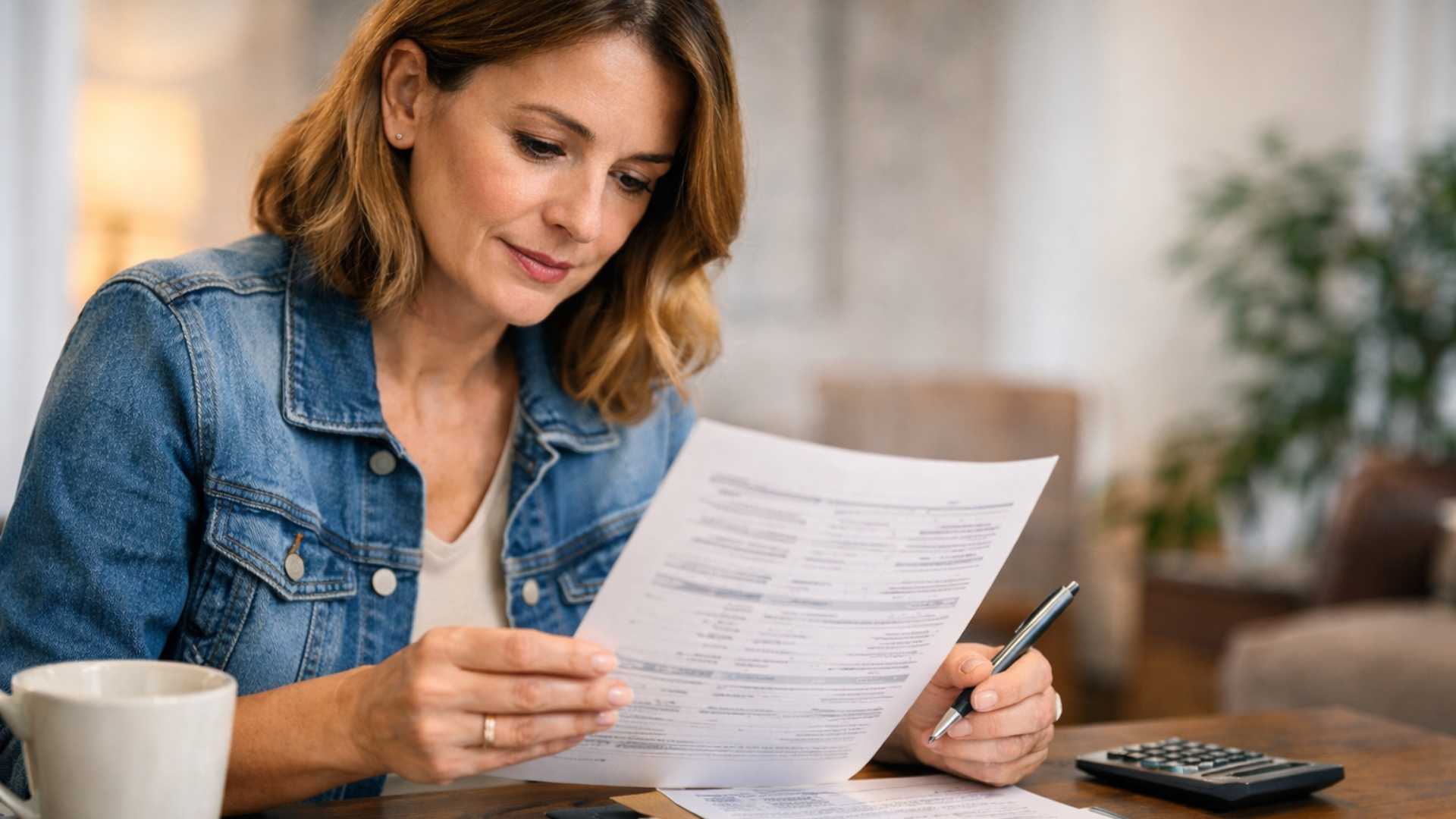 Femme adulte examinant attentivement des documents financiers à une table, concentrée, avec un stylo à la main et une tasse de café à proximité.