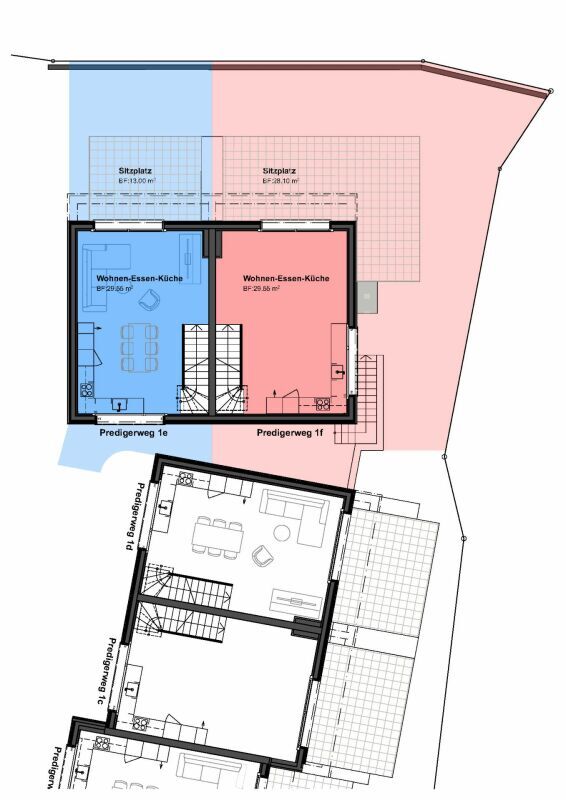 Erdgeschoss mit offenem Wohnen/Essen/Kochen und direktem Zugang zur Terrasse und dem eigenen Garten Erdgeschoss mit offenem Wohnen/Essen/Kochen und direktem Zugang zur Terrasse und dem eigenen Garten