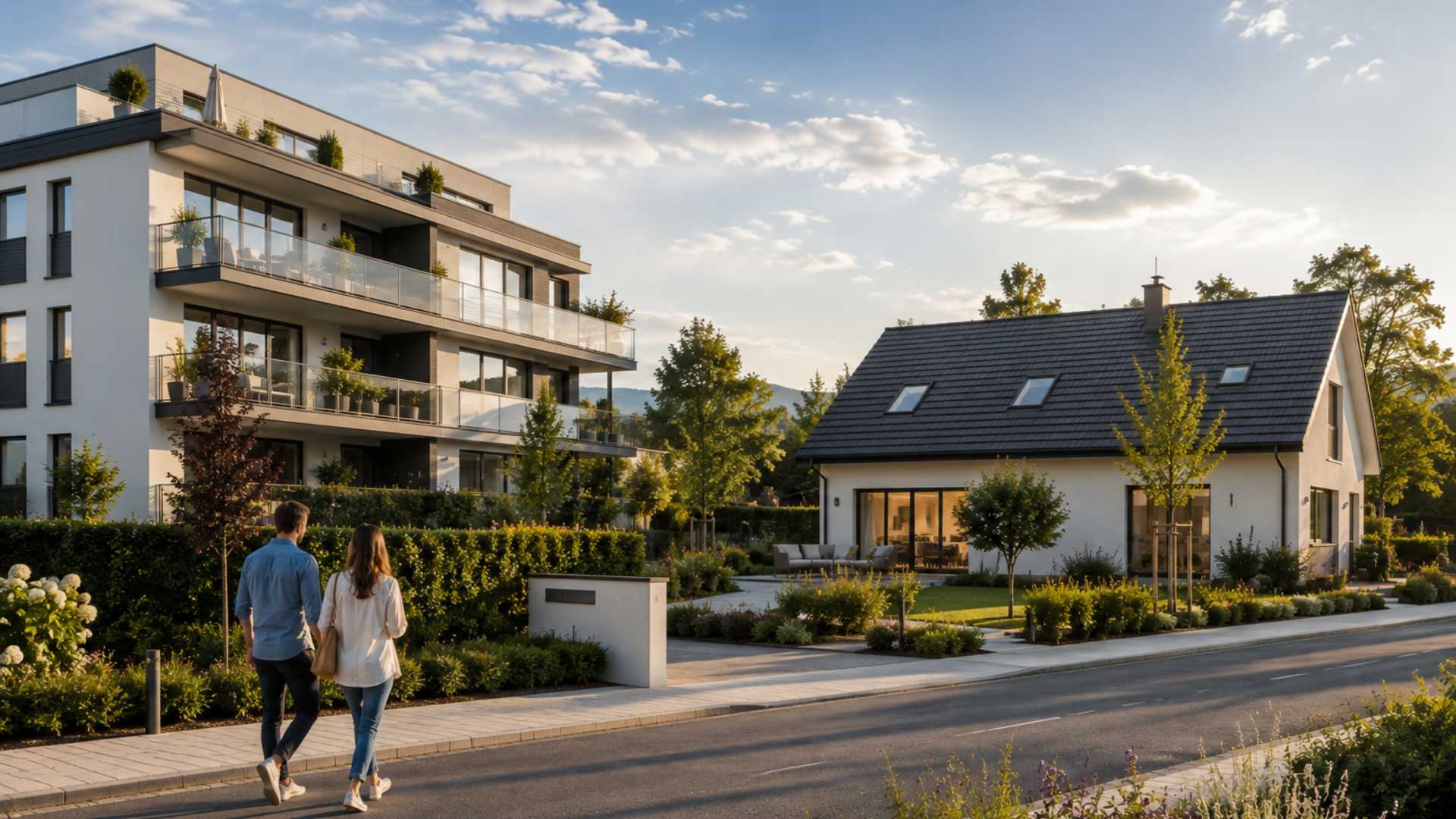Un couple compare une maison individuelle et un immeuble d'appartements modernes afin de choisir le type de bien immobilier le plus adapté à son projet d'achat.