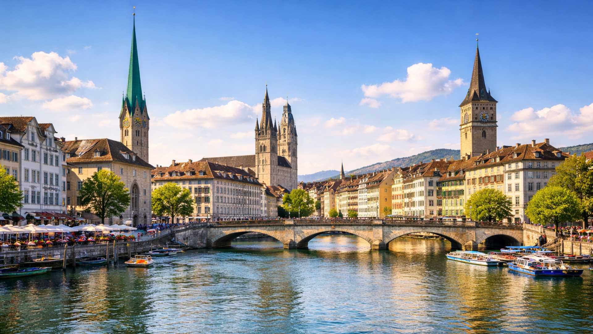 Vue du centre historique de Zurich avec la Limmat et ses églises emblématiques.