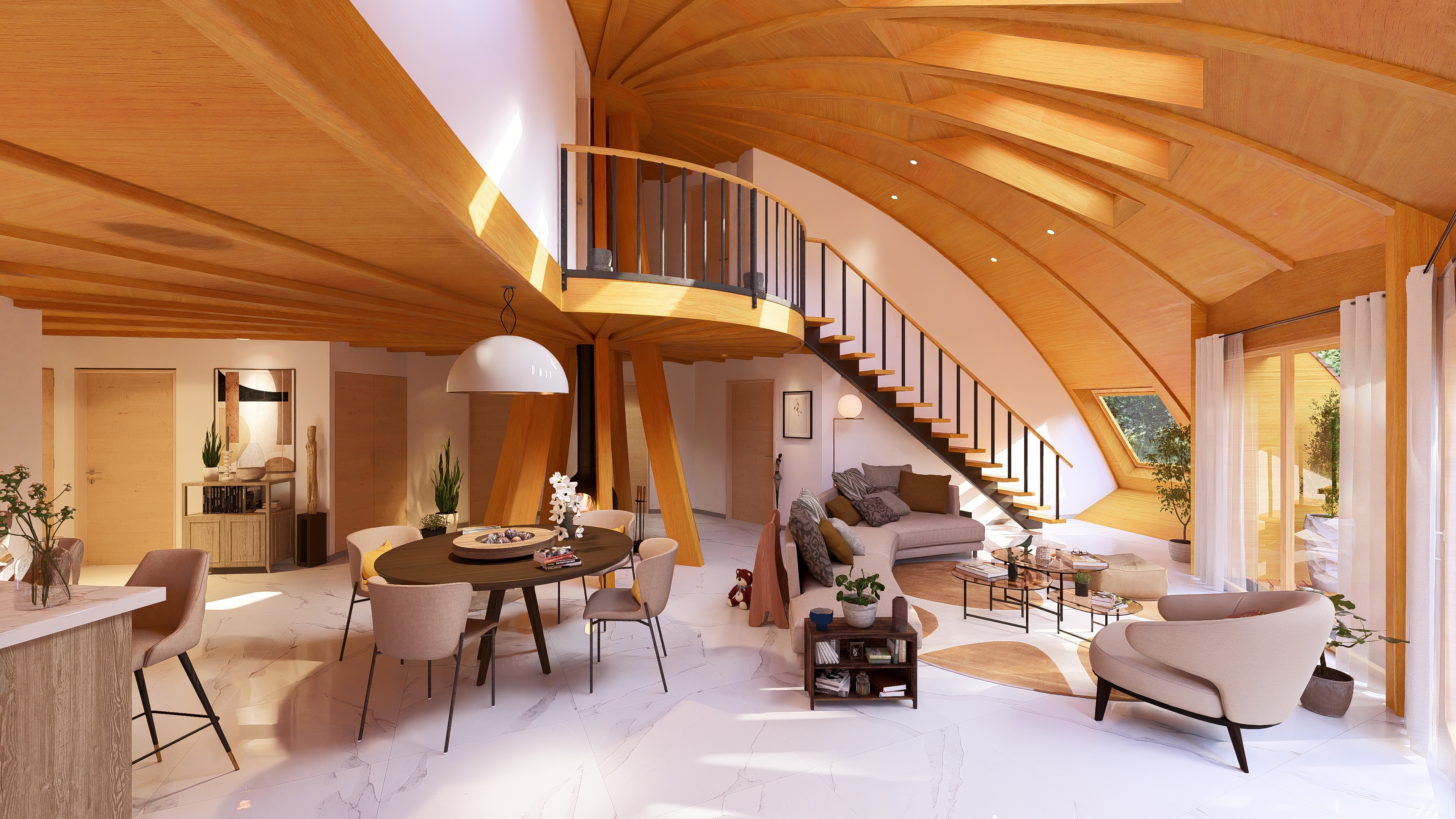 Projet immobilier à Villarimboud avec 2 maisons Domespace à vendre : la pièce à vivre du grand Domespace.