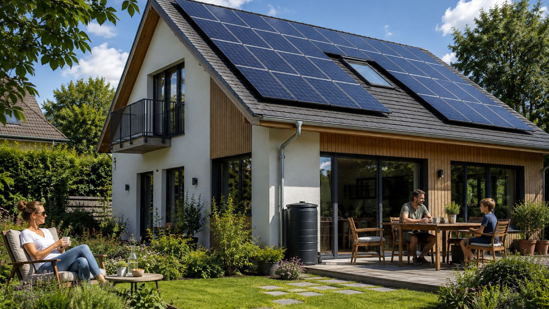 Une famille observe une maison moderne entourée de verdure, équipée de panneaux solaires et d'espaces ombragés, illustrant un habitat adapté aux défis du changement climatique.