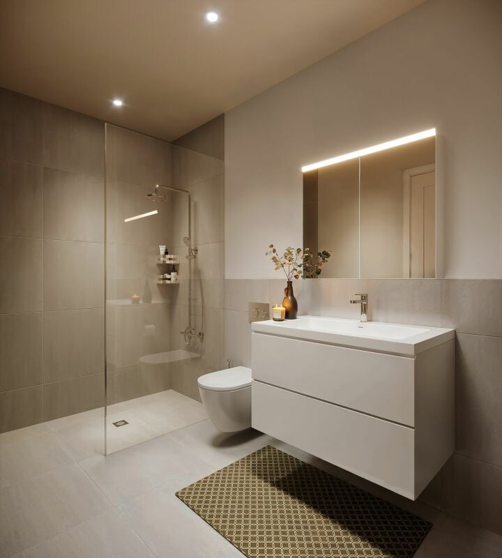 Hochwertiger Neubau mit attraktiven Räumen (Mustervisualisierung: Badezimmer mit bodenebener Dusche, WC, Lavabo) Hochwertiger Neubau mit attraktiven Räumen (Mustervisualisierung: Badezimmer mit bodenebener Dusche, WC, Lavabo)