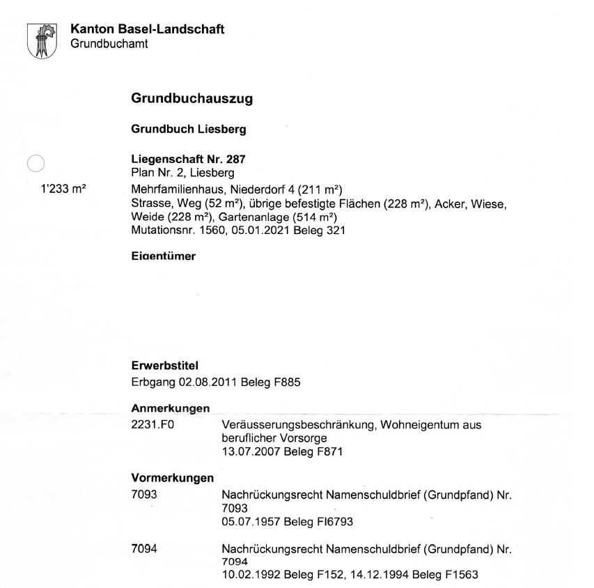 Grundbuchauszug 1 Grundbuchauszug 1