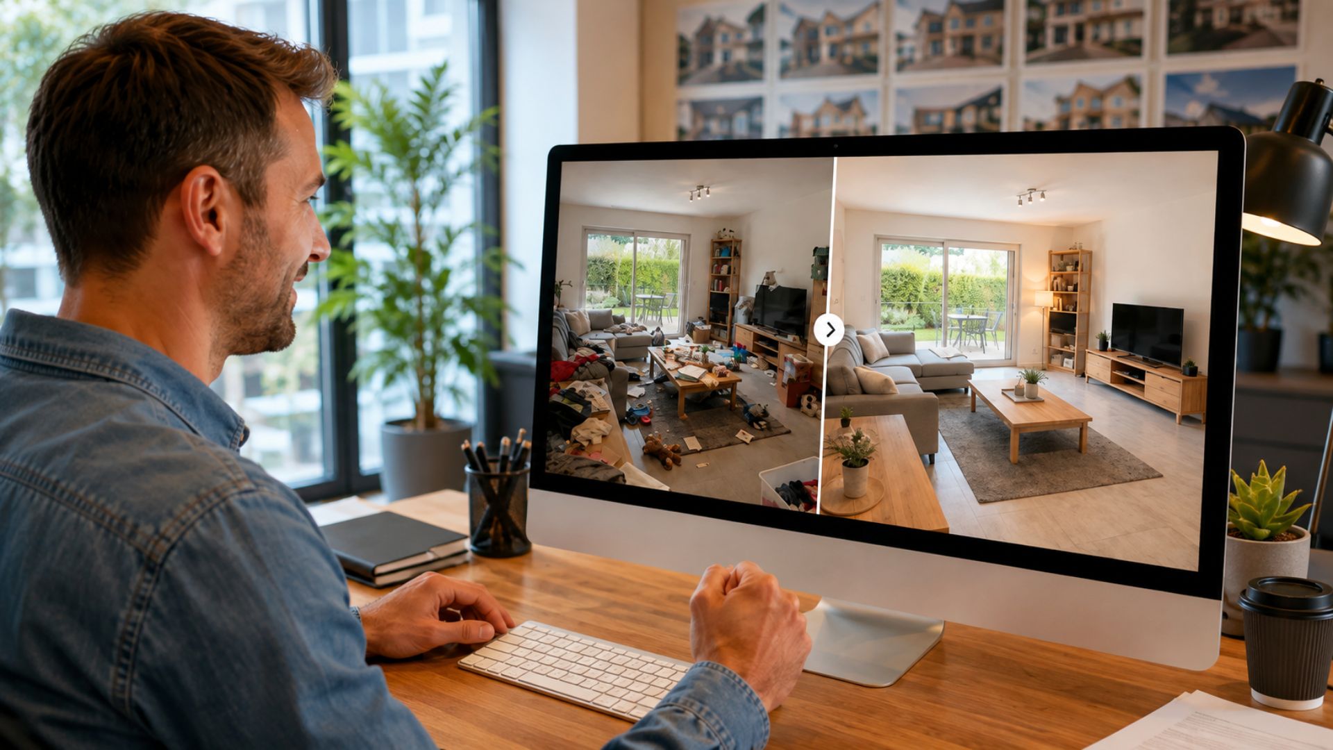 A real estate agent using artificial intelligence to enhance and declutter a property photo before publication.