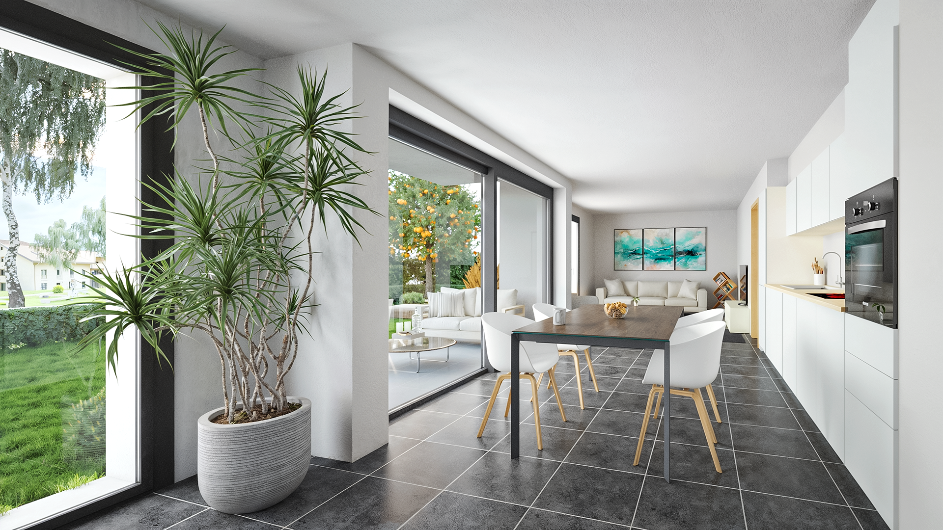 Dans un immeuble de 9 appartements, joli 2.5 pièces, entouré de verdure.
Garage souterrain, pompe à chaleur et free cooling.