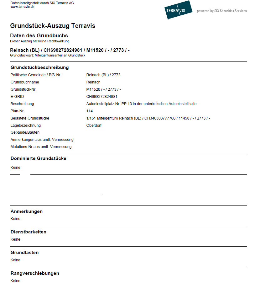 Grundbuchauszug Parkplatz 13