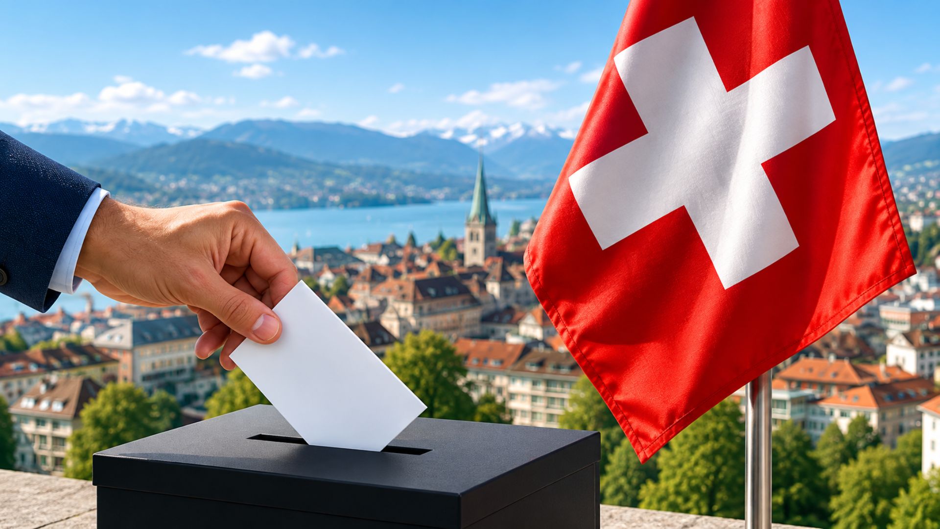 Bulletin de vote déposé dans une urne à côté du drapeau suisse, illustrant la votation sur la valeur locative et son impact sur l’immobilier suisse.