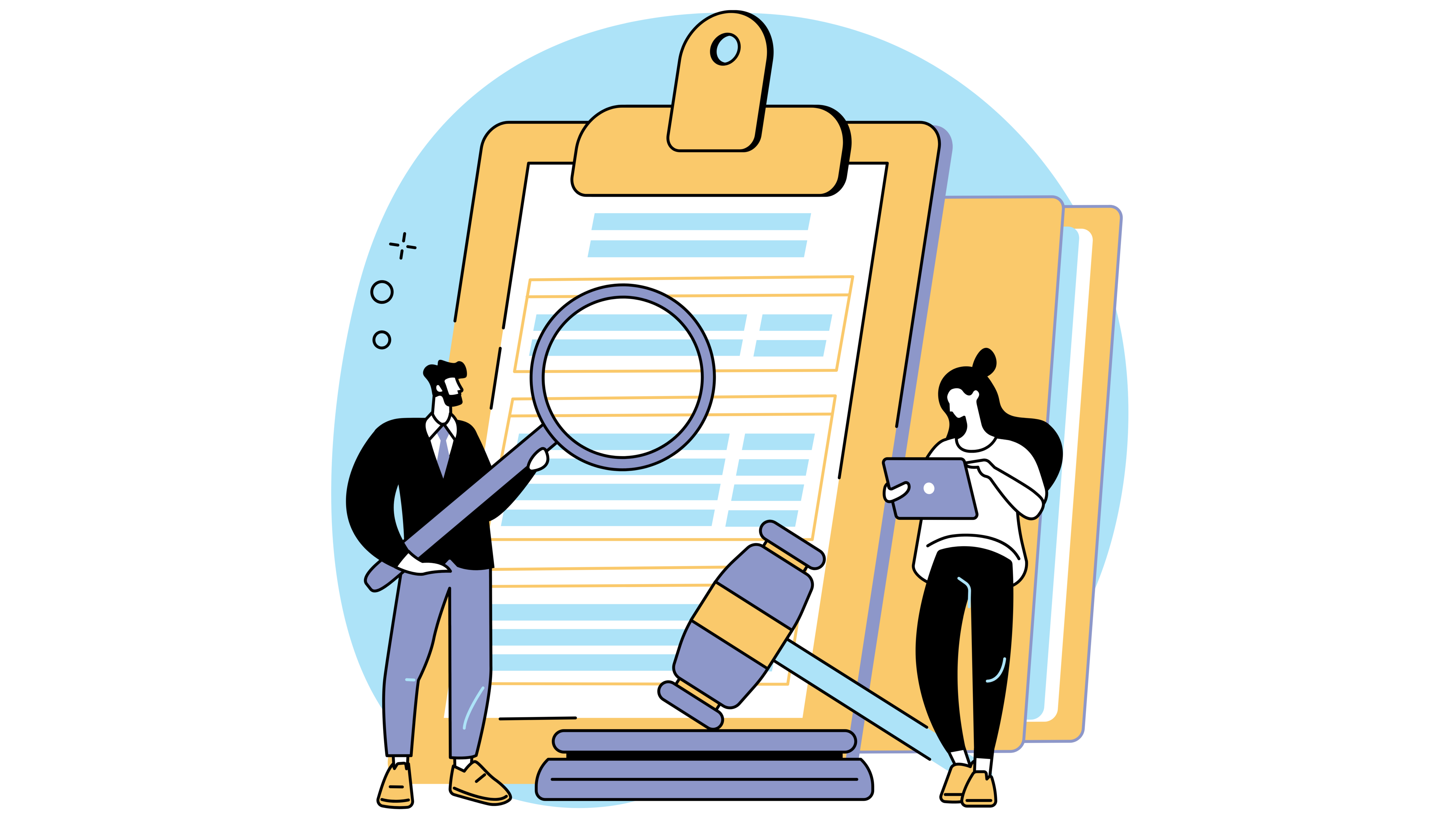 Order your extract from the debt enforcement register easily online with EAMT A woman orders her excerpt from the debt enforcement register online, while an employee analyses it with a magnifying glass
