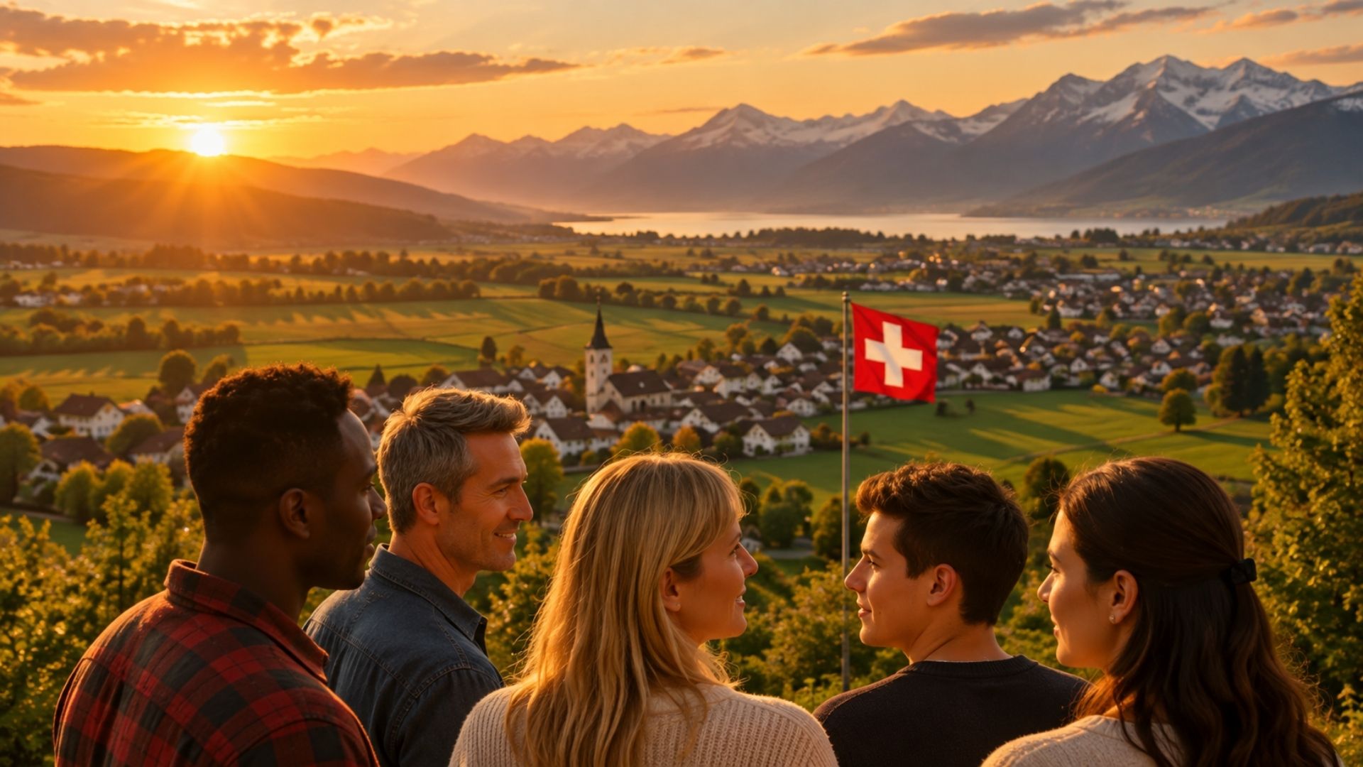 People from different generations overlooking a Swiss residential landscape, illustrating the impact of demographic change on the Swiss real estate market.