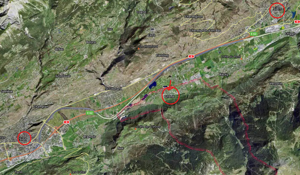 situation de la commune de Grône entre Sion et Sierre