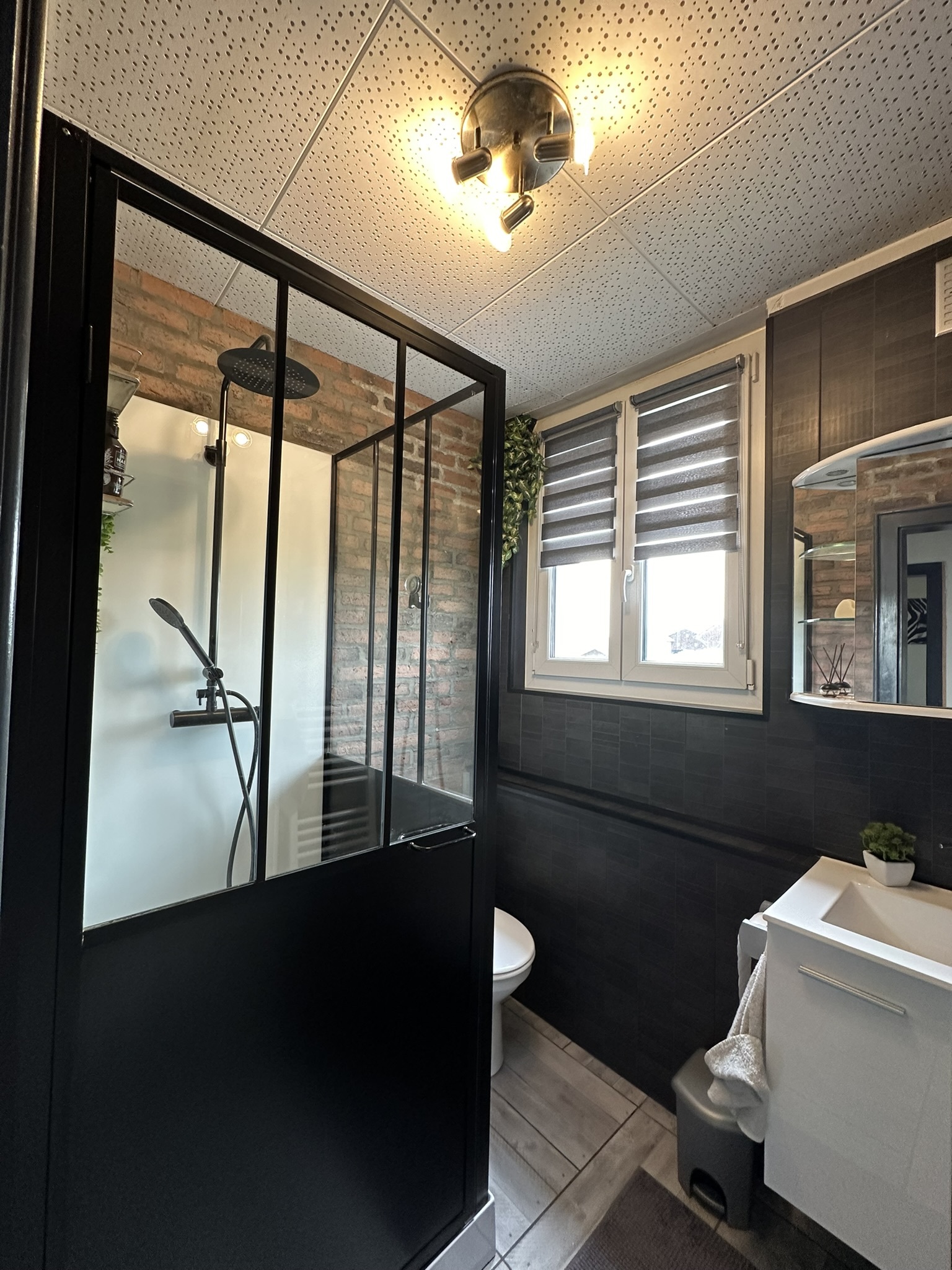 une salle de bains avec des murs noirs, une baignoire blanche, des toilettes, un lavabo et un miroir