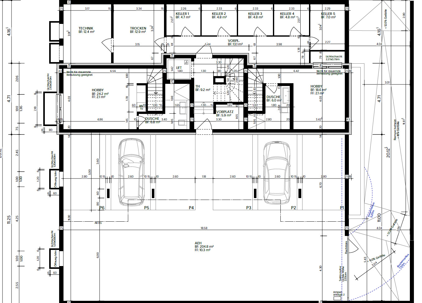 Grundriss Untergeschoss Wohnung W1, W2, Keller und AEH