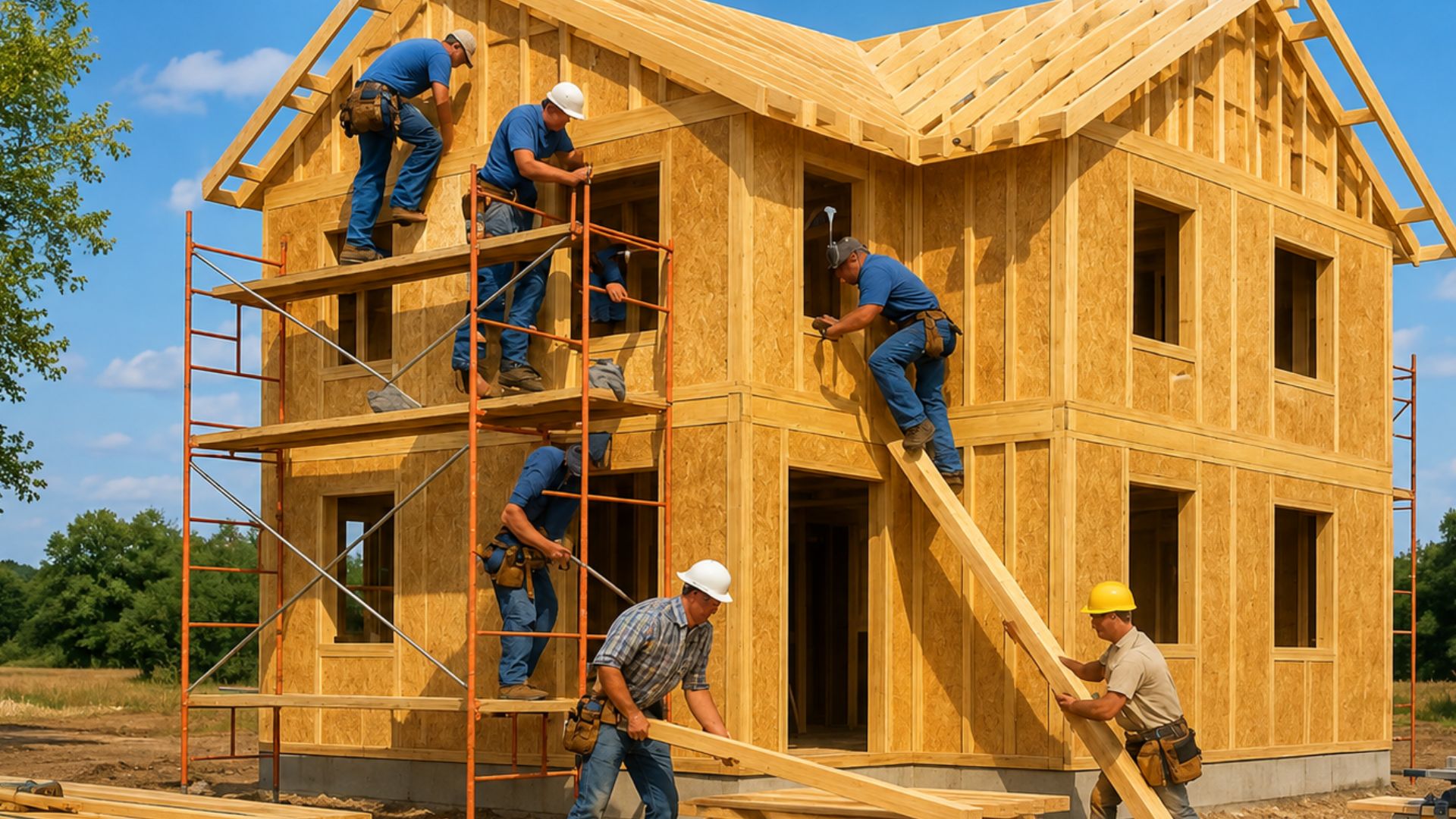 Bauarbeiter beim Bau eines Hauses mit Holzrahmen als Beispiel für CO₂-arme Baustoffe und nachhaltiges Bauen.