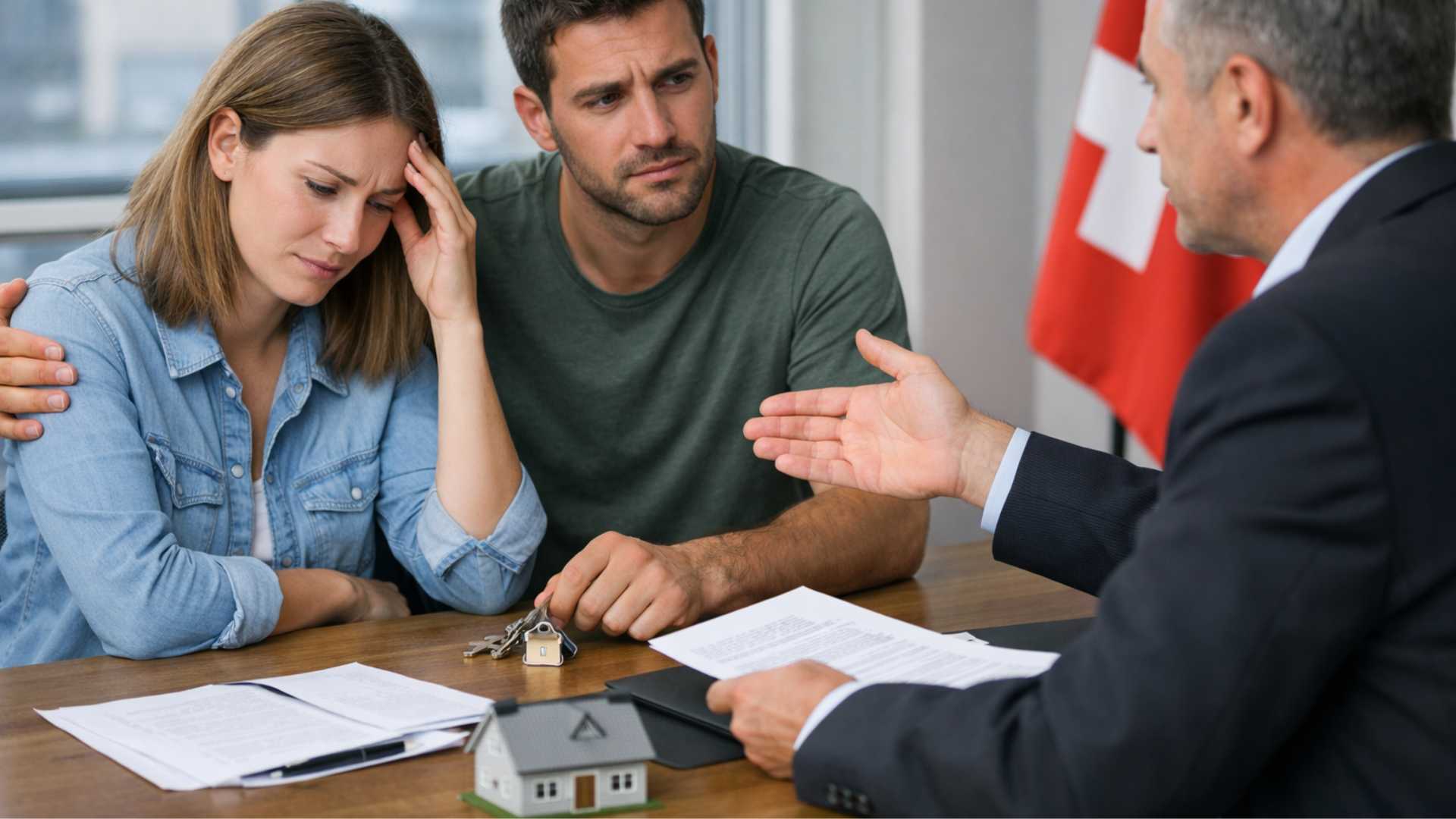 Un couple inquiet discute avec un agent immobilier suisse au sujet d’un contrat de bail.