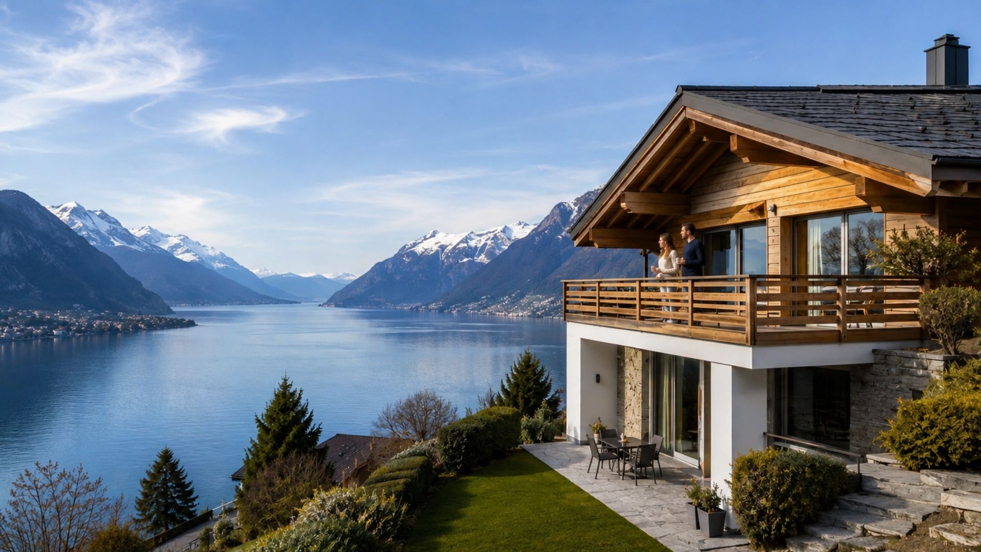 Couple sur le balcon d’une résidence secondaire avec vue sur le lac et les montagnes.