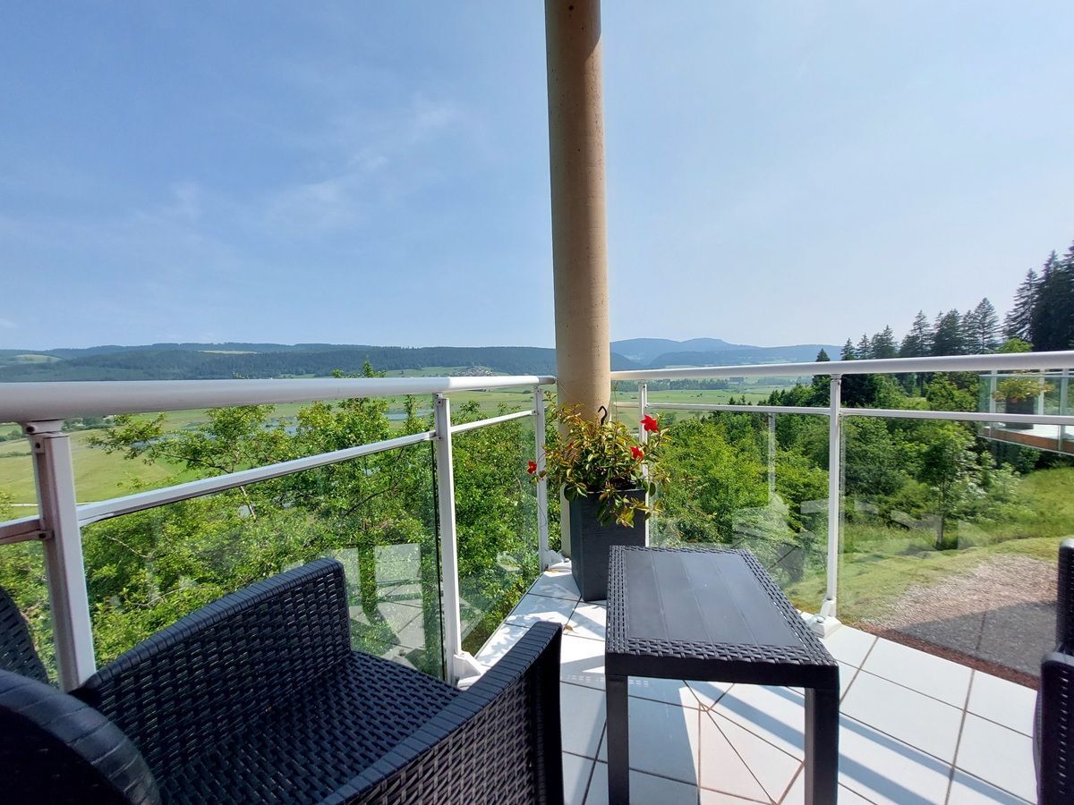Vue panoramique sur la nature depuis une terrasse aménagée.