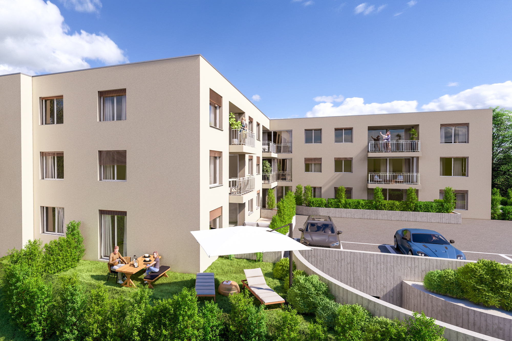 Appartements à vendre à Siviriez : intégration de l'immeuble dans son environnement.