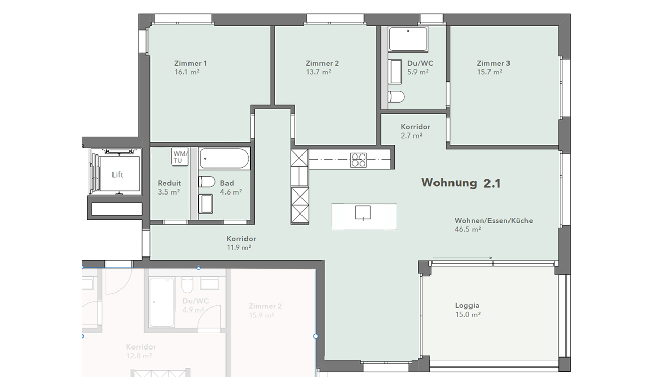 Grundriss 4.5 Zi.-Wohnung im 2. Obergeschoss