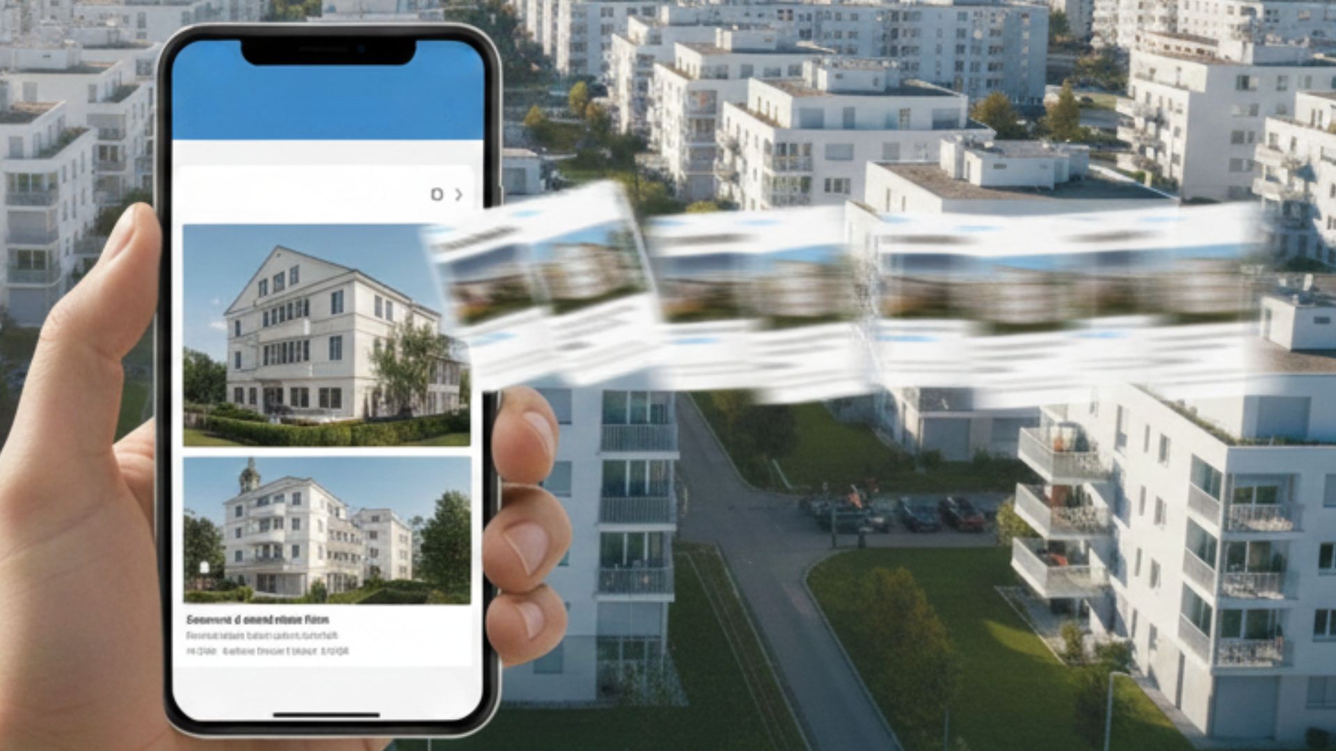 Smartphone mit Wohnungsinseraten vor einem Wohnquartier als Symbol für die hohe Nachfrage auf dem Schweizer Mietwohnungsmarkt.
