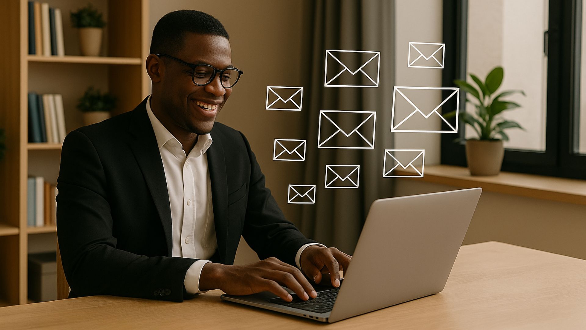 Professionnel de l’immobilier utilisant un ordinateur portable avec des icônes d’e-mails illustrant le nouvel outil d’e-mailing multilingue Immomig®.